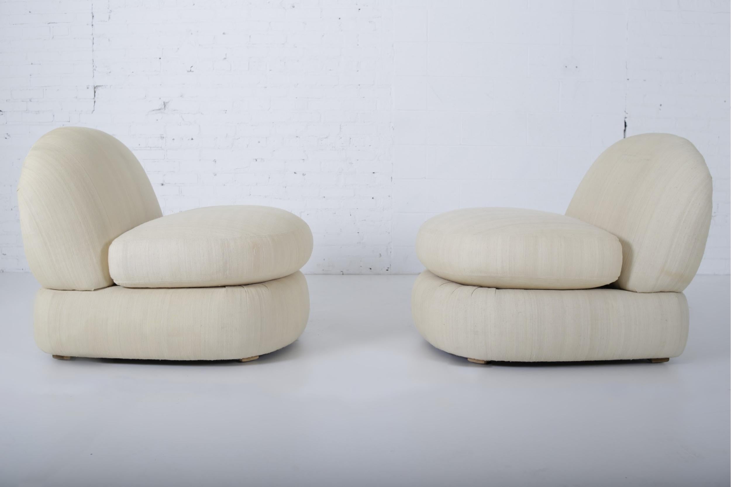 1970s slipper chairs in stacked cushion form. Original raw silk upholstery. 

   