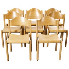 1970s Stacking Beech Dining Chairs by Hiller, Set of Eight