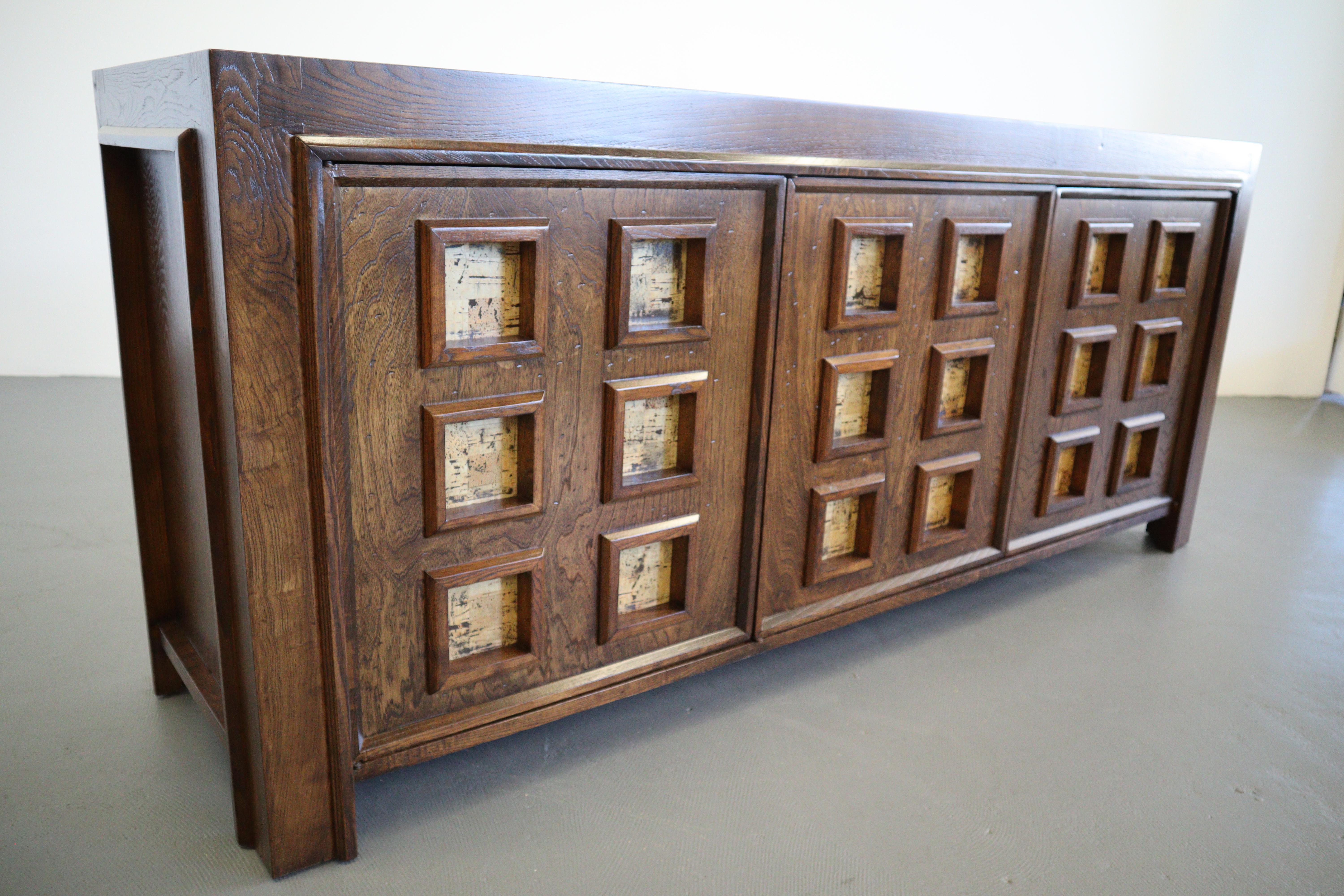 Brutalist 1970’s Stained Oak Credenza with Cork Inserts