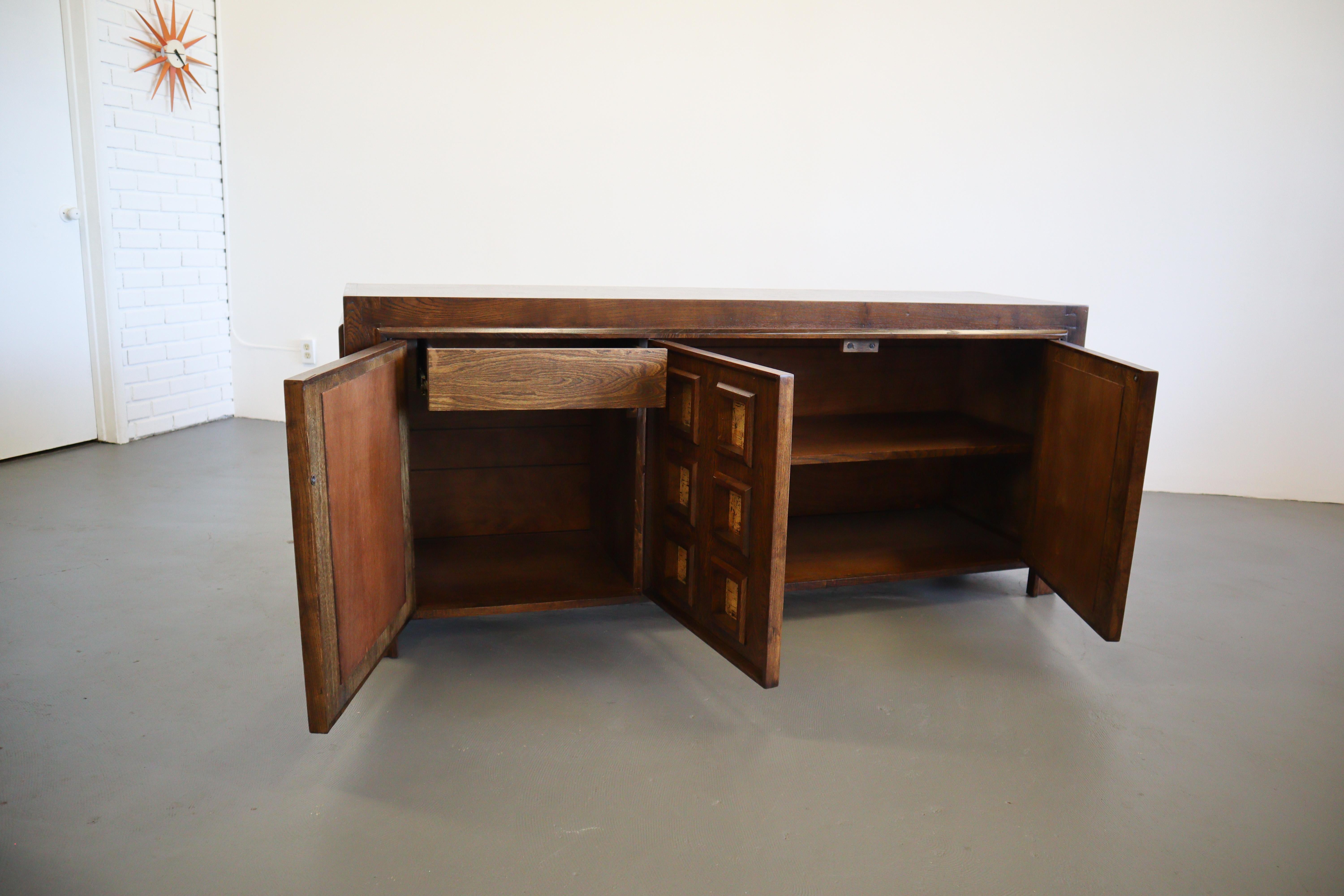 1970’s Stained Oak Credenza with Cork Inserts 1