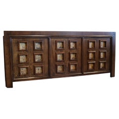 1970’s Stained Oak Credenza with Cork Inserts