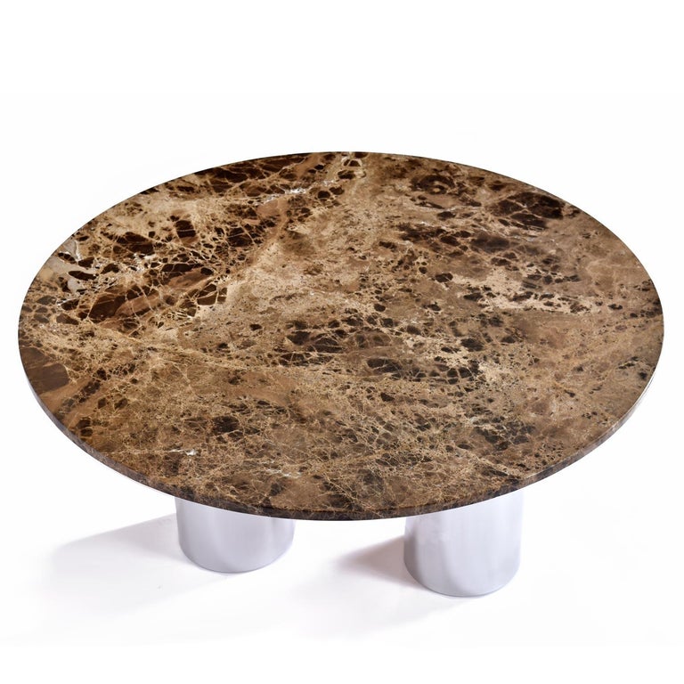 Post-Modern 1970's Stainless Steel Tubular Pedestal Round Marble Coffee Table For Sale