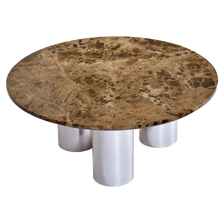 1970's Stainless Steel Tubular Pedestal Round Marble Coffee Table For Sale
