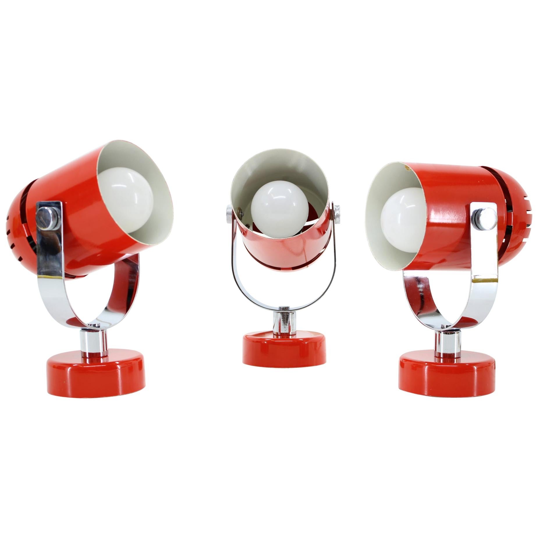 1970s Stanislav Indra Set of Three Red Wall/Table Lamps, Czechoslovakia