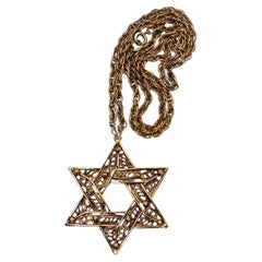 1970s Star of David Filigree 14k Gold Plated Rope Chain Pendant Necklace