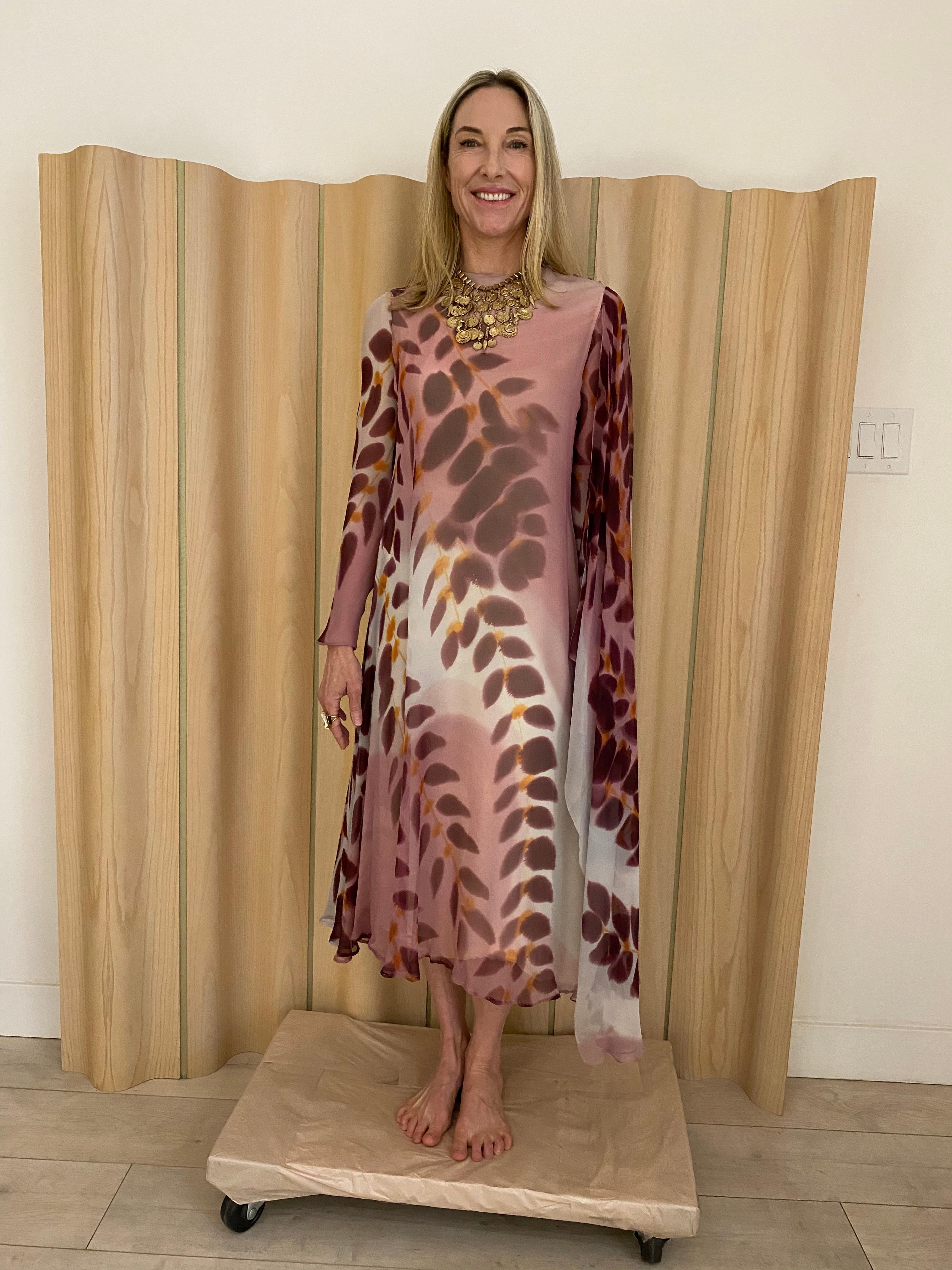 1970s Stavropolous mauve silk print Dress For Sale 1