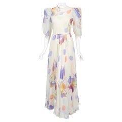 1970's Stavropoulos Couture Colorful Floral Print Silk Chiffon Puff-Sleeve Gown