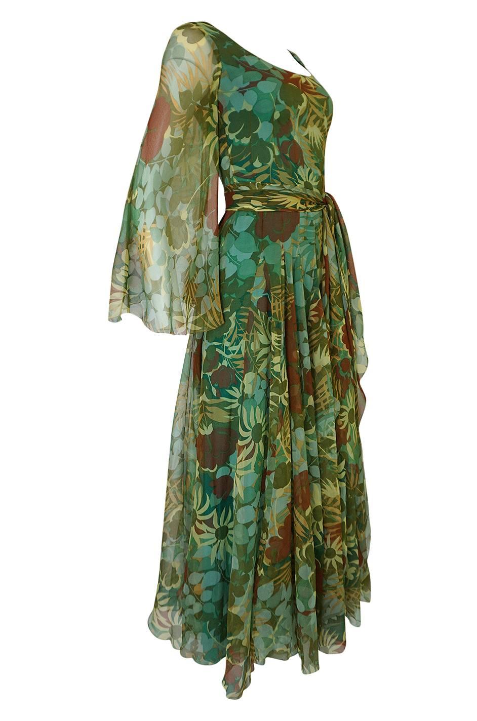 Brown 1970s Stavropoulos Couture Floral Print Silk Dress w Pleated Skirt