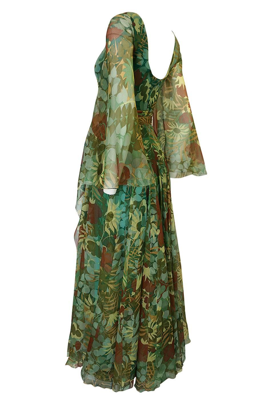 Women's 1970s Stavropoulos Couture Floral Print Silk Dress w Pleated Skirt