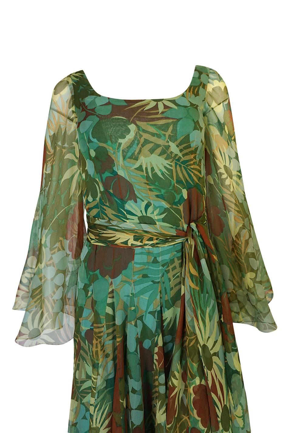 1970s Stavropoulos Couture Floral Print Silk Dress w Pleated Skirt 1