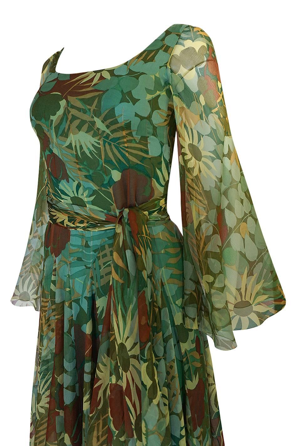 1970s Stavropoulos Couture Floral Print Silk Dress w Pleated Skirt 2