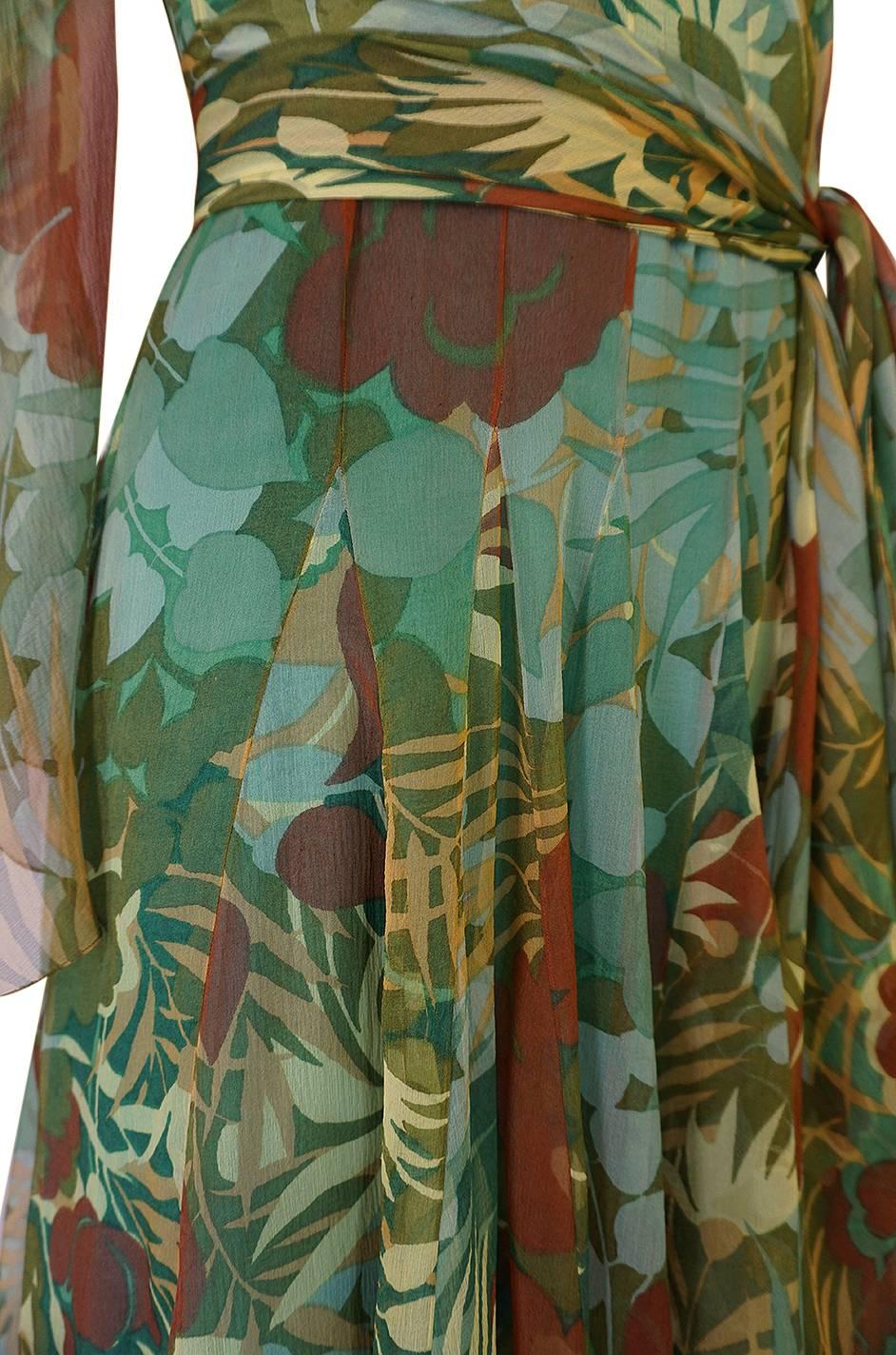 1970s Stavropoulos Couture Floral Print Silk Dress w Pleated Skirt 4