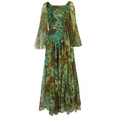 1970s Stavropoulos Couture Floral Print Silk Dress w Pleated Skirt