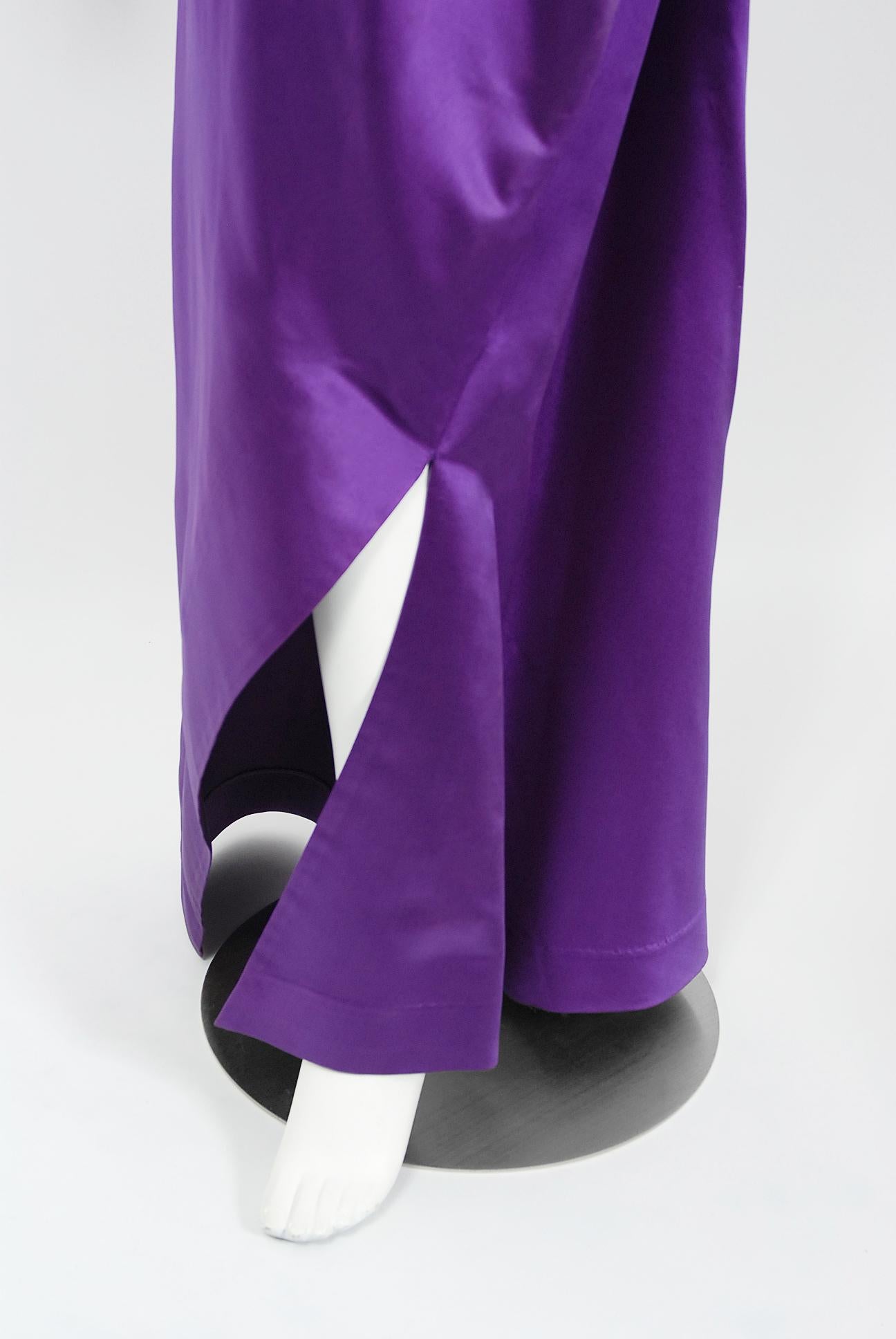 Women's Vintage 1970s Stavropoulos Couture Purple Applique Silk One-Shoulder Fitted Gown For Sale