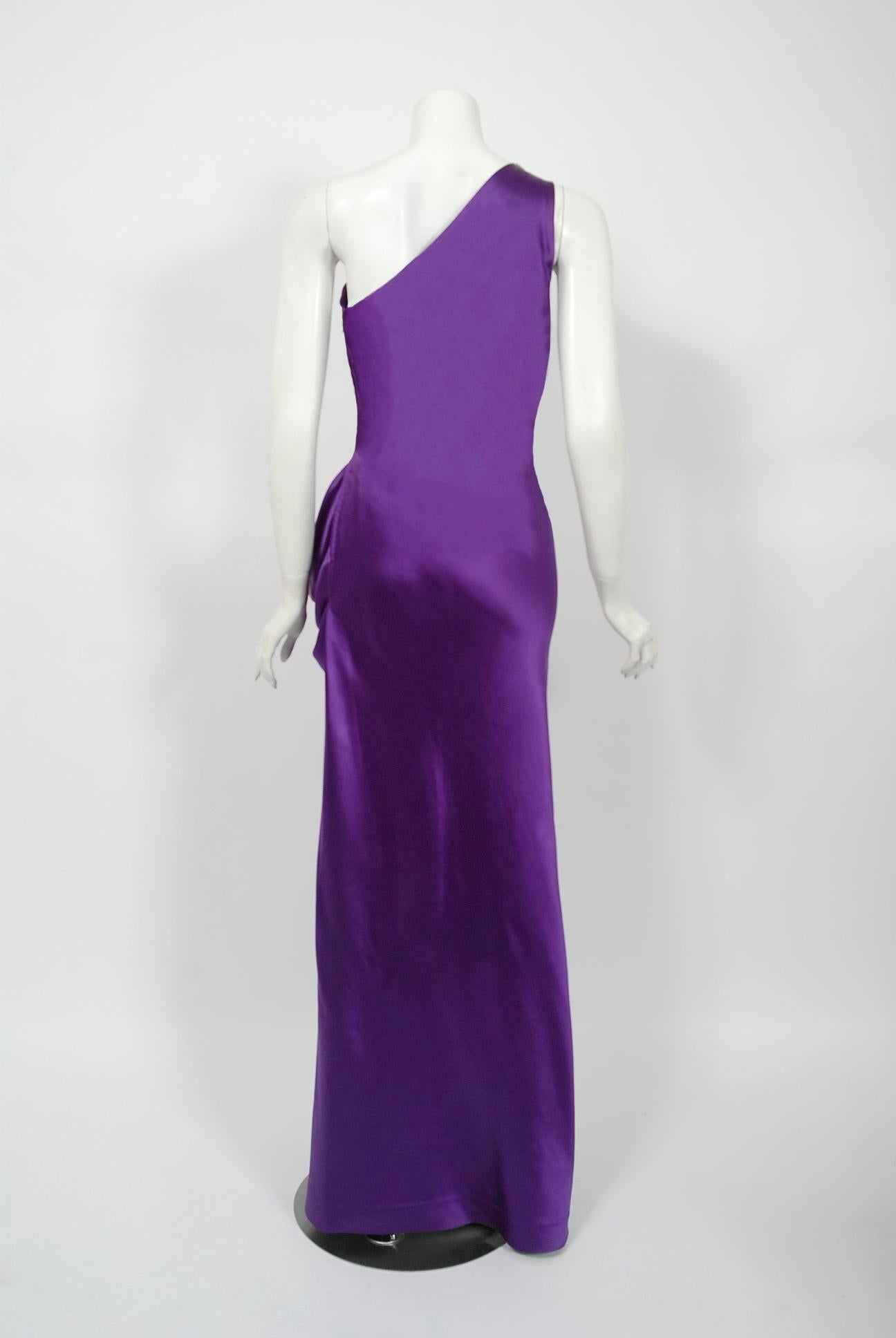 Vintage 1970s Stavropoulos Couture Purple Applique Silk One-Shoulder Fitted Gown For Sale 1