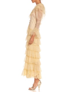 1970er STAVROPOULOS Creme &amp; Gold Seide Chiffon Cord Spitze gestreifter Rock Duster Dre 1970er