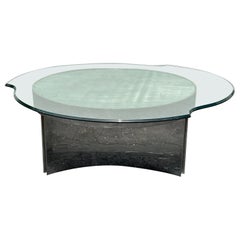 Mesa baja industrial de cristal circular de acero de los años 70