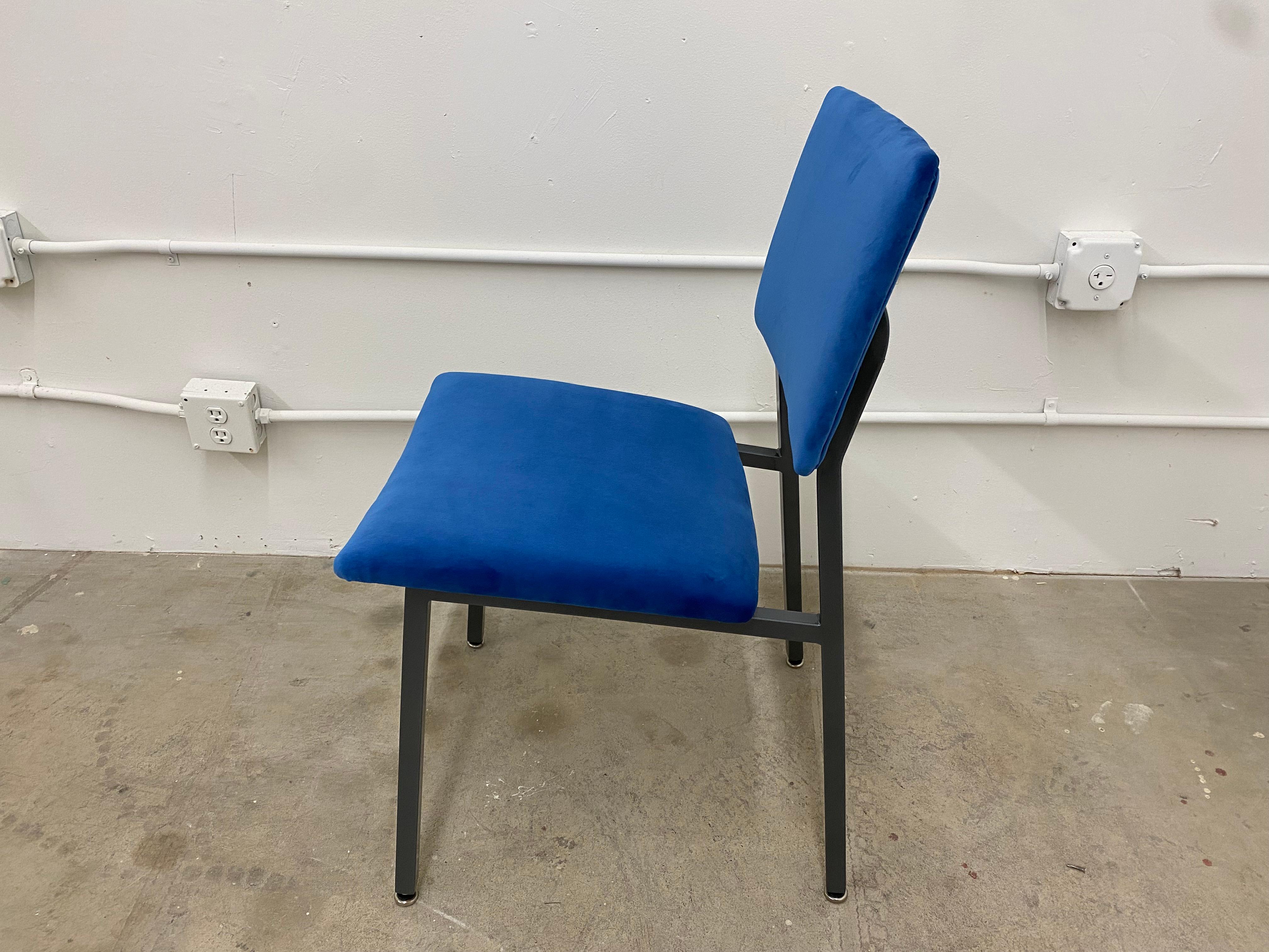 1970s side chairs by Steelcase. Powder coated in metallic grey and upholstered in a deep blue velvet. In spectacular vintage condition as pictured. 

Dimensions: 18.5in W x 21in D x 32in H 
Seat Height: 17in