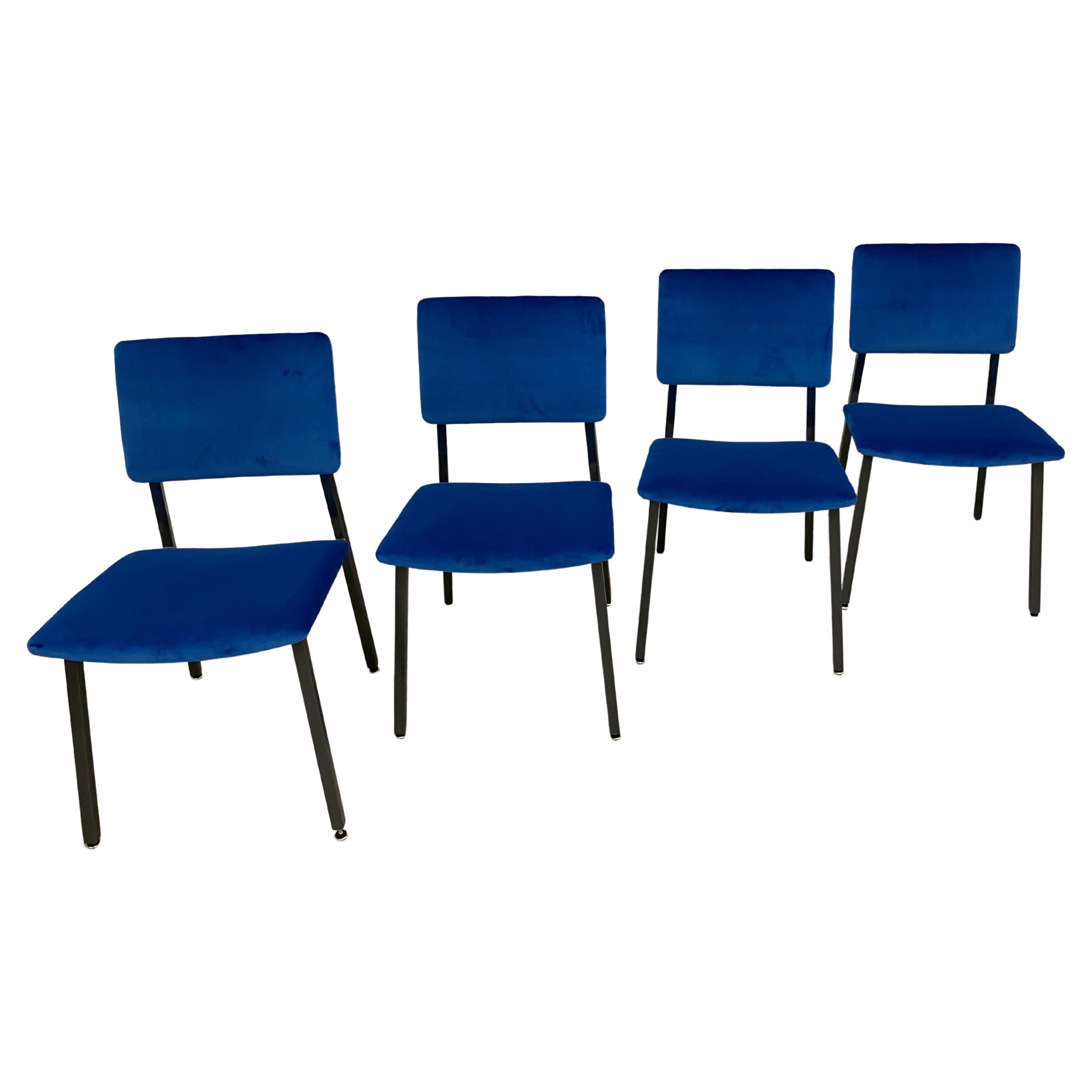 1970s Steelcase Blue Velvet Side Chairs, Set of 4 For Sale