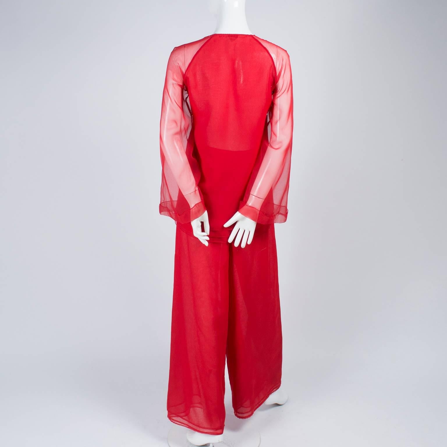 1970s Stephen Burrows Red Chiffon Evening Pantsuit Ensemble Dress Alternative 2