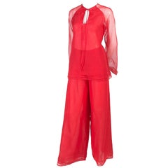 1970s Stephen Burrows Red Chiffon Evening Pantsuit Ensemble Dress Alternative