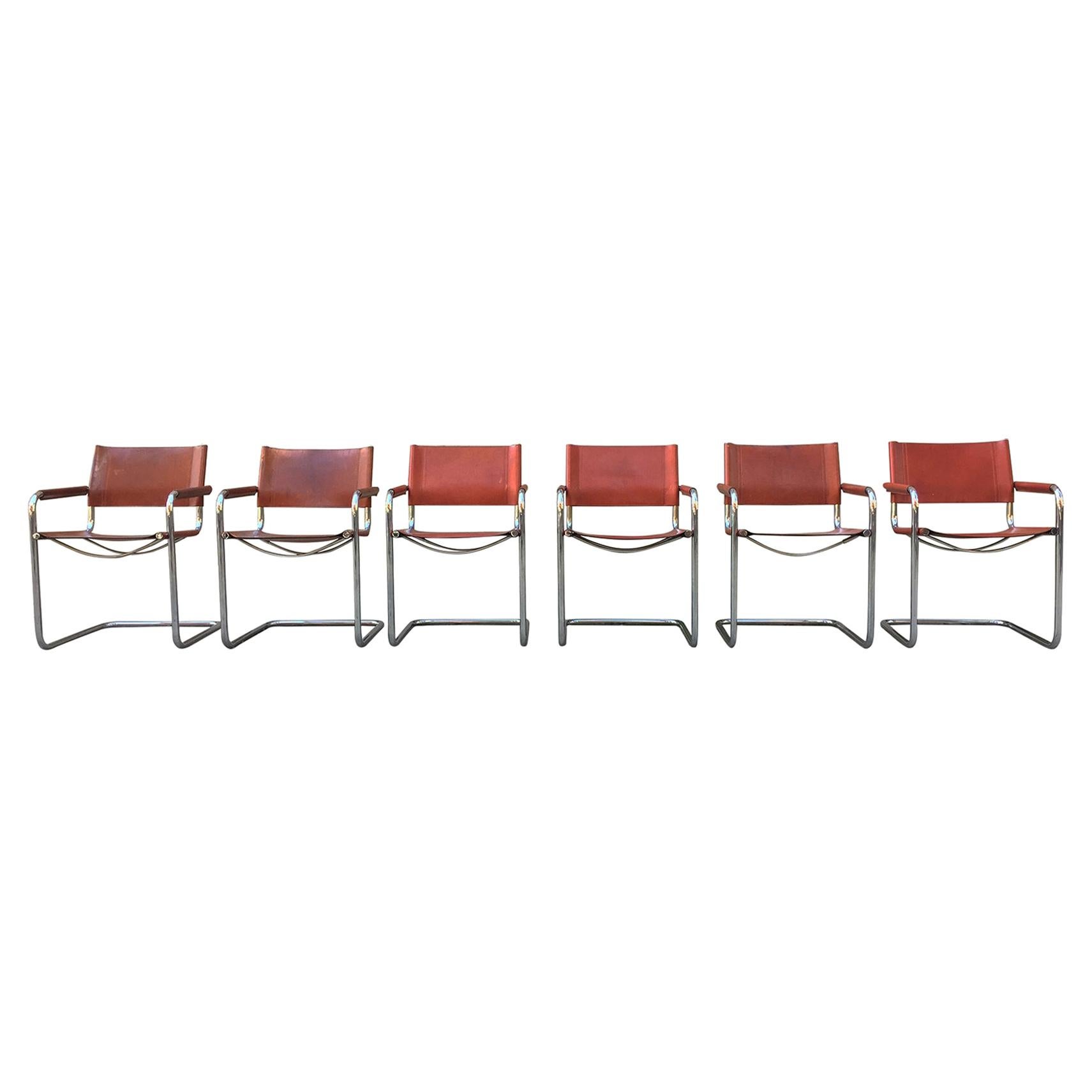 1970s Stendig Leather and Chrome Dining Chairs, a Set of 6