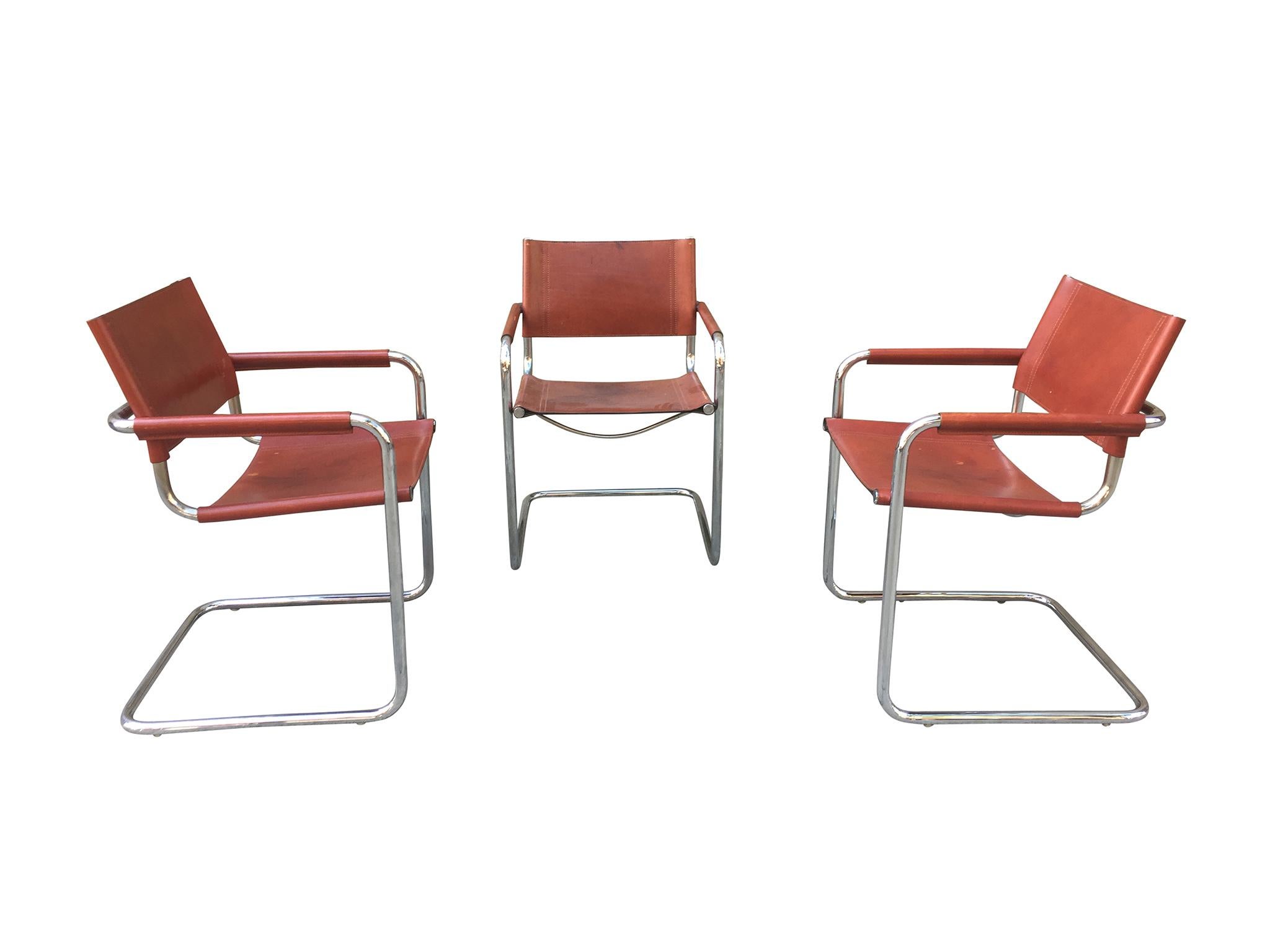 Italian 1970s Stendig Leather and Chrome Dining Chairs, a Set of 6