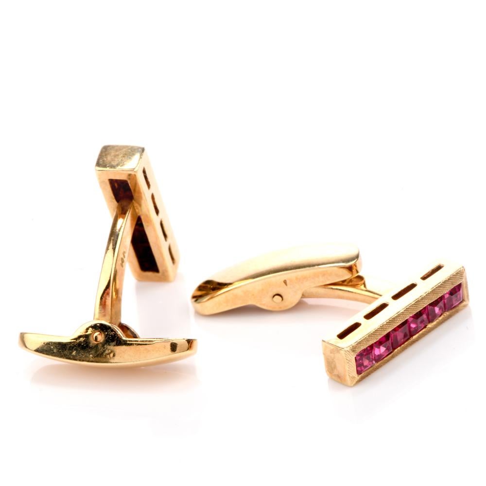These vibrant cufflinks offer a bright pop of color and accent.

Bright and understated with 

A vertical bar cconsisting of 6 asscher cut Synthetic Rubies adorning

each of the cufflinks.

Finished with a heringbone pattern etched into the outer