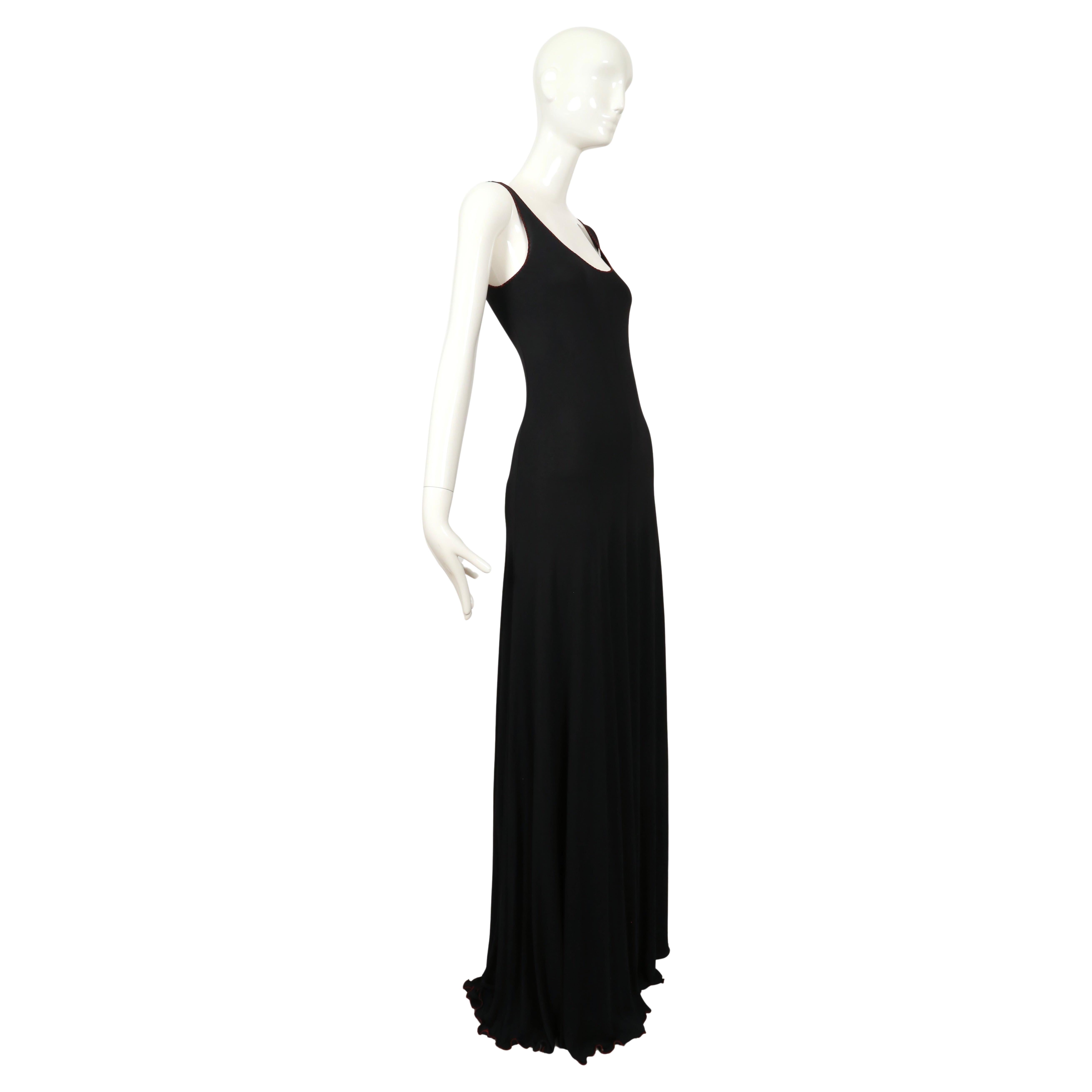 Black 1970's STEPHEN BURROWS black jersey maxi dress with red 'lettuce' edges For Sale