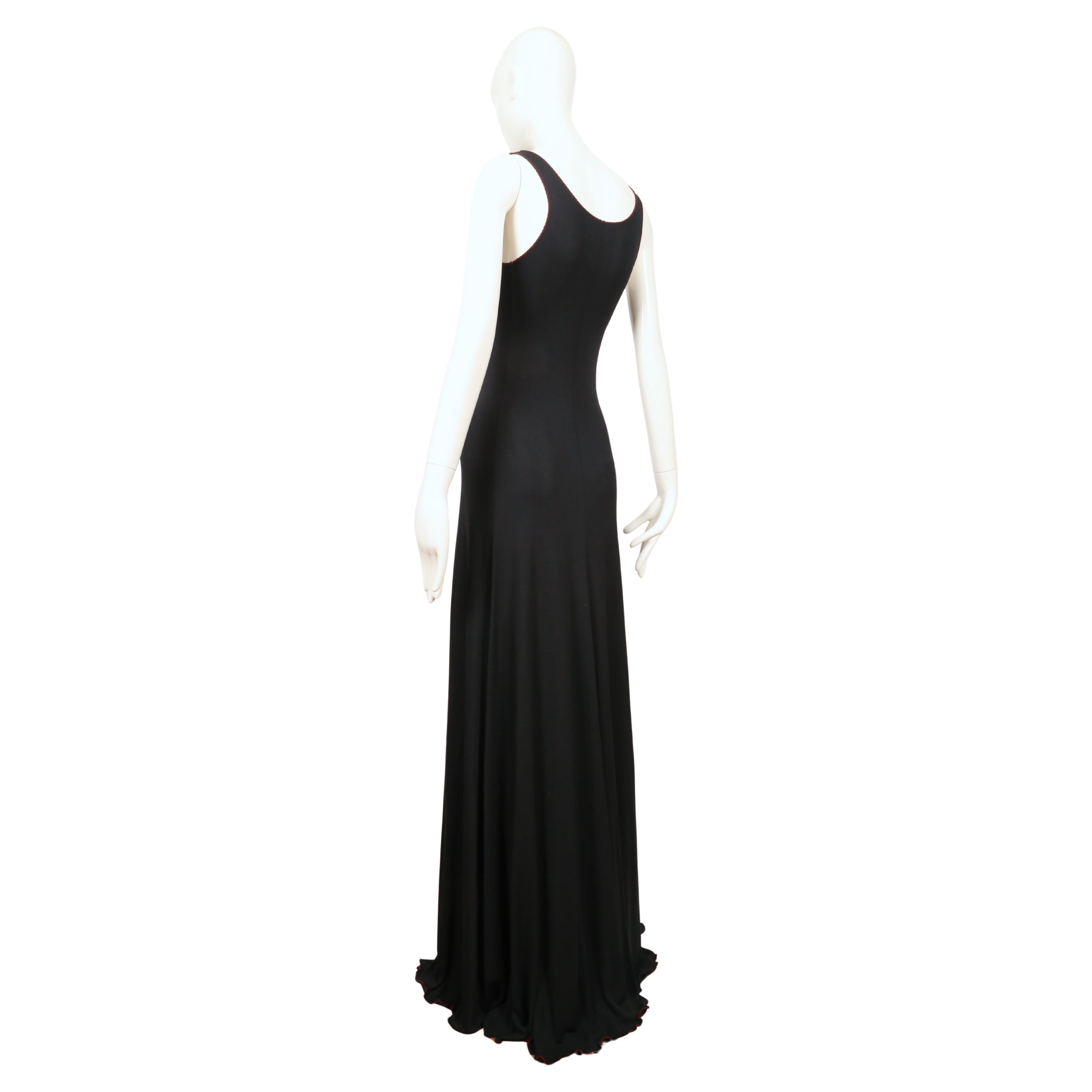 1970's STEPHEN BURROWS black jersey maxi dress with red 'lettuce' edges For Sale 2