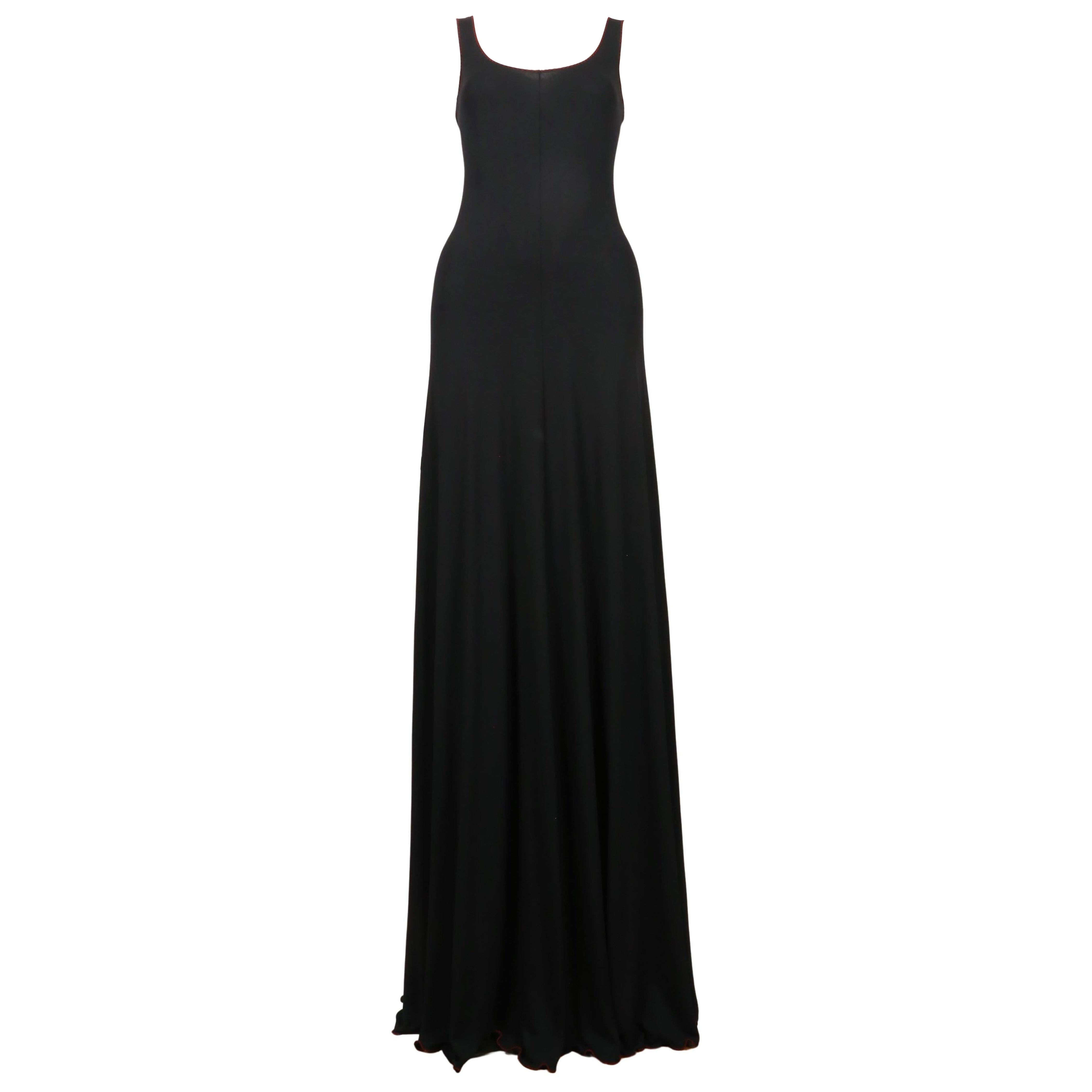 1970's STEPHEN BURROWS black jersey maxi dress with red 'lettuce' edges For Sale