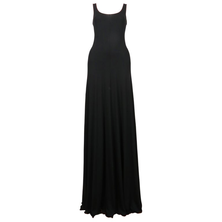 1970's STEPHEN BURROWS black jersey maxi dress with red 'lettuce' edges