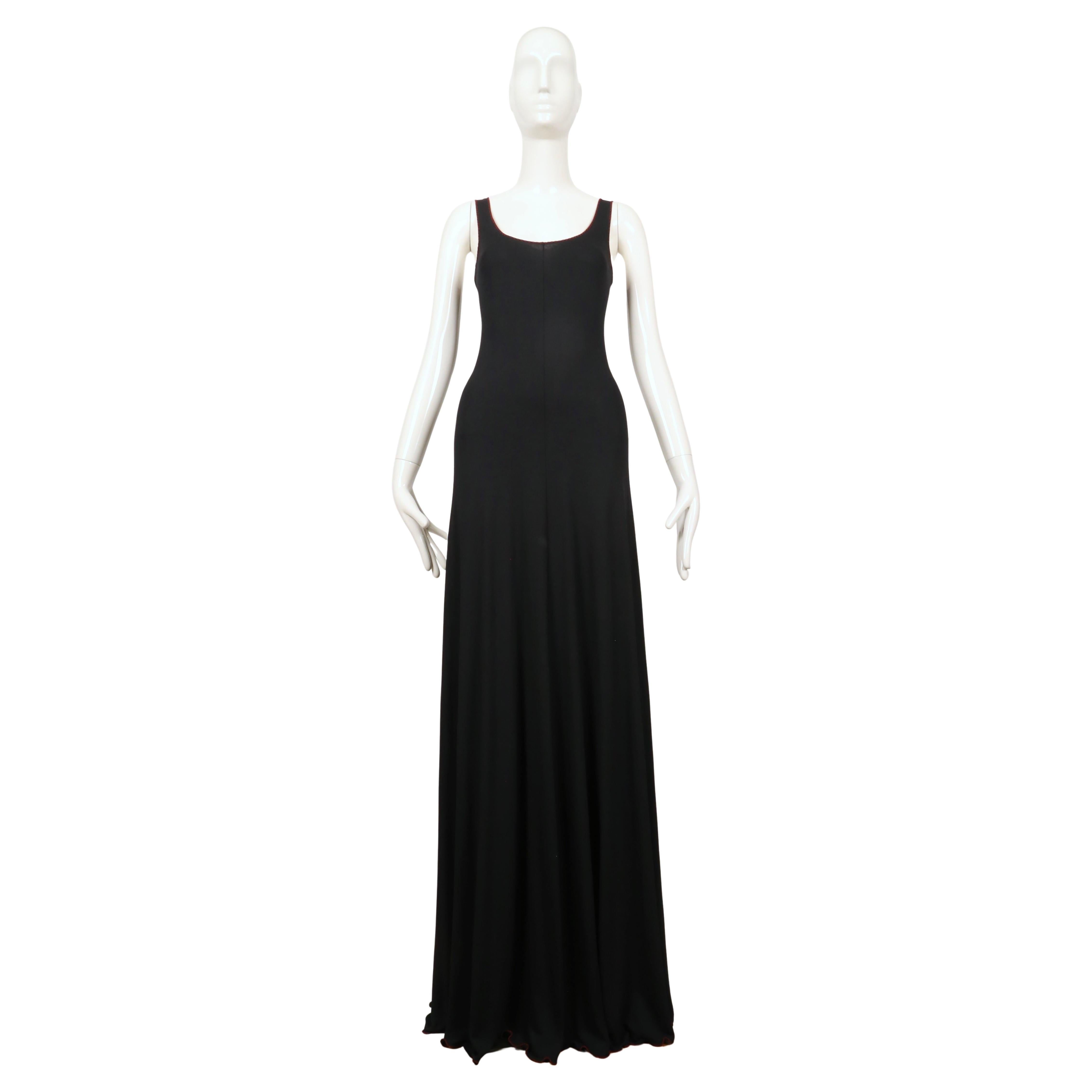 1970's STEPHEN BURROWS black jersey maxi dress with red 'lettuce' edges For Sale