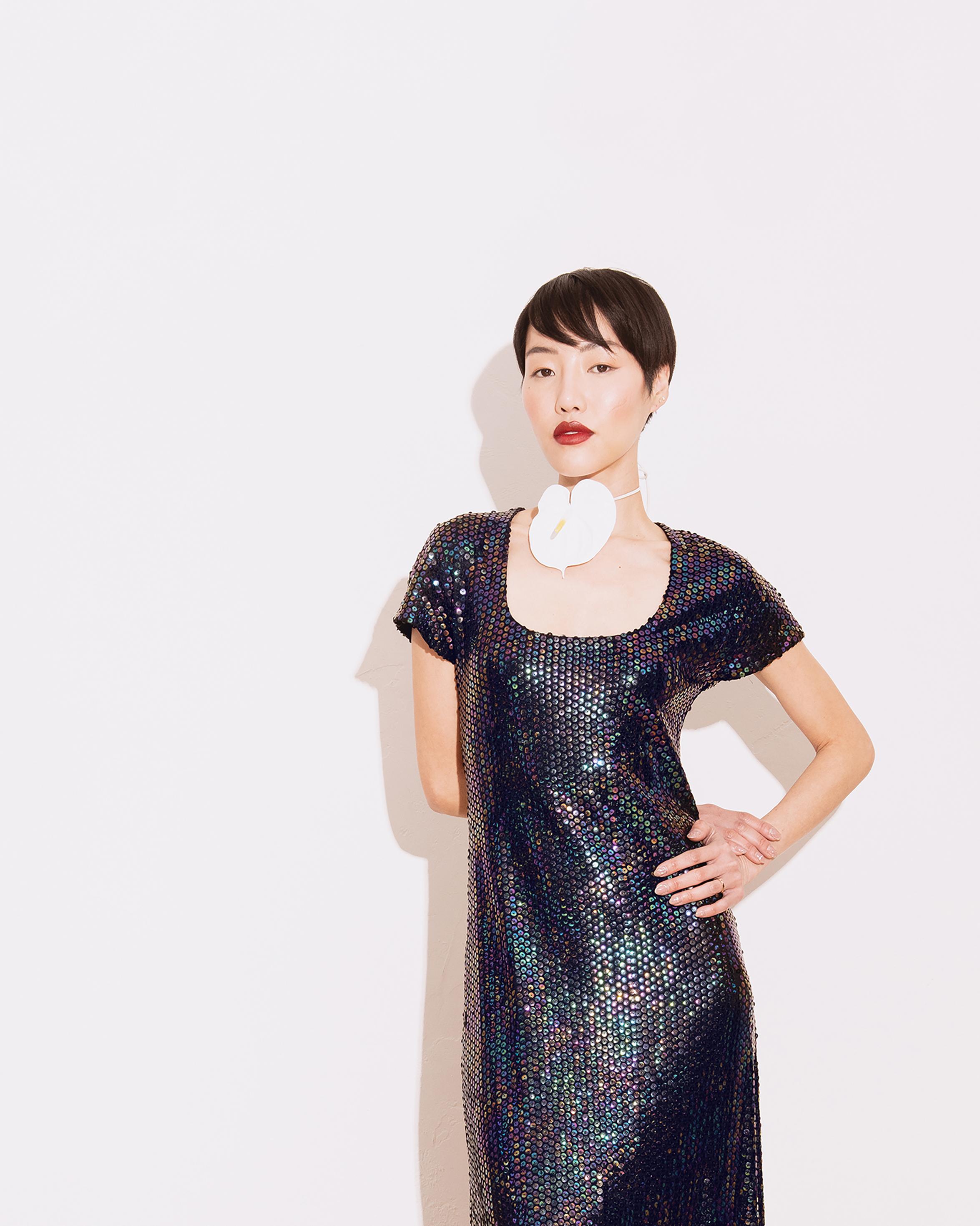 Women's 1970's Stephen Burrows Deep Navy Jersey Knit Iridescent Sequin Gown For Sale