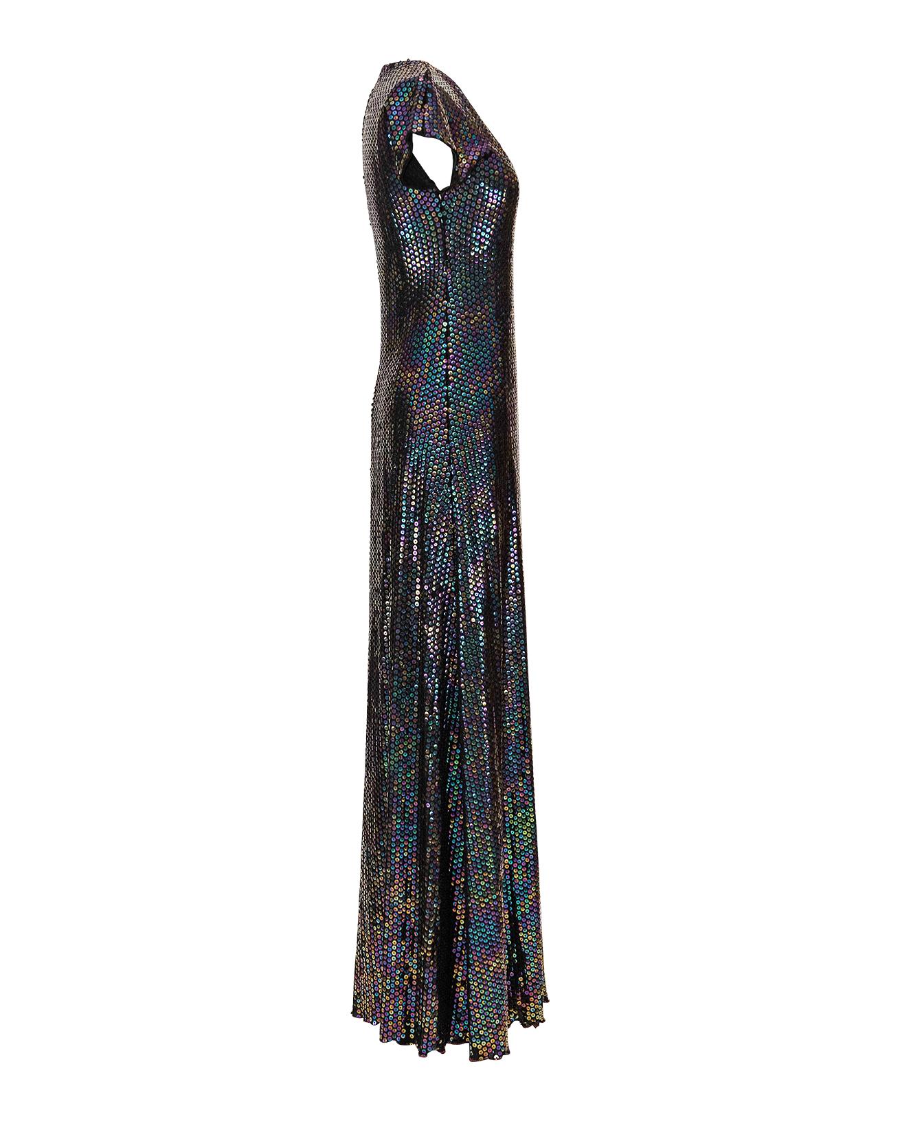 Black 1970's Stephen Burrows Deep Navy Jersey Knit Iridescent Sequin Gown For Sale