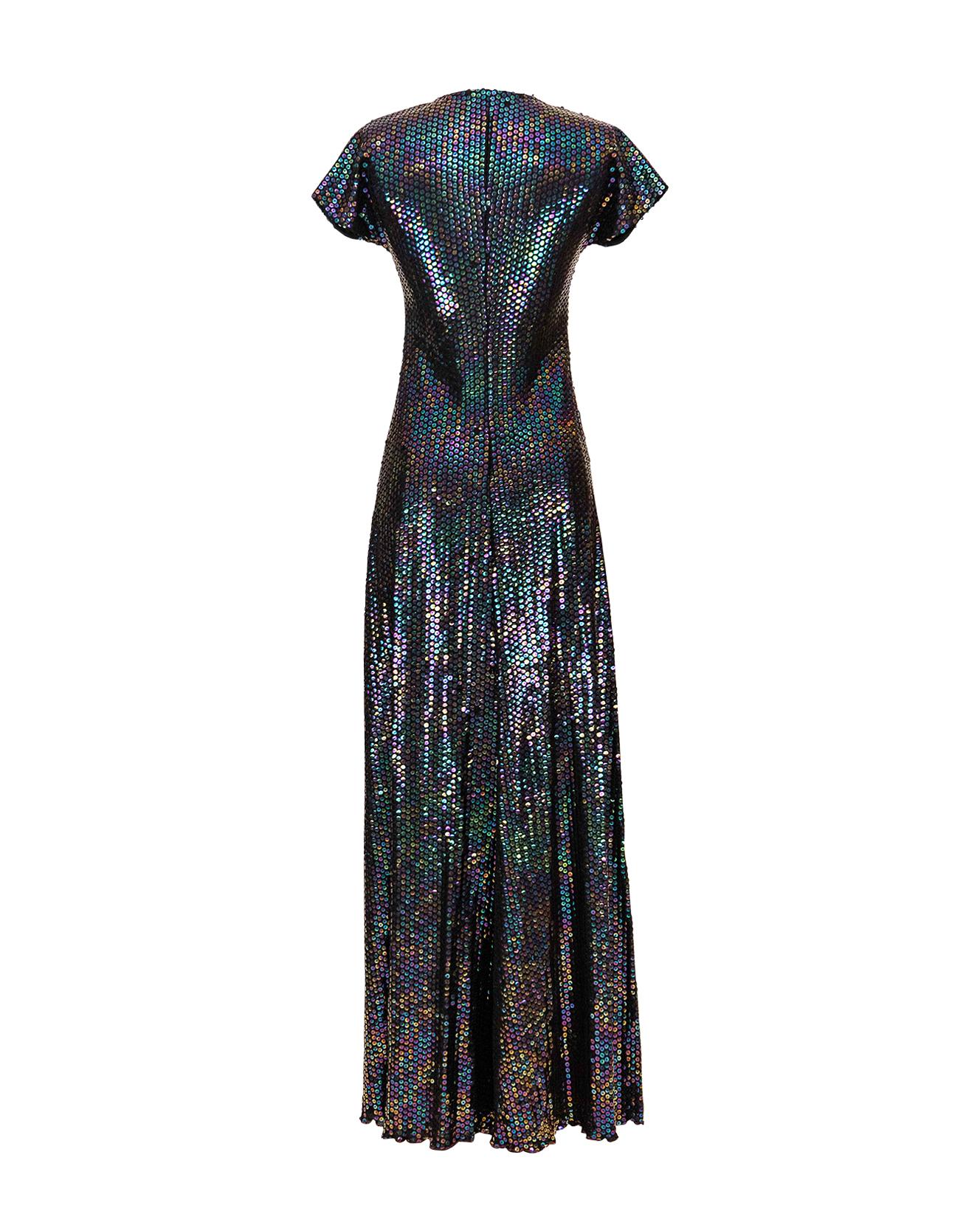 1970's Stephen Burrows Deep Navy Jersey Knit Iridescent Sequin Gown In Good Condition For Sale In North Hollywood, CA