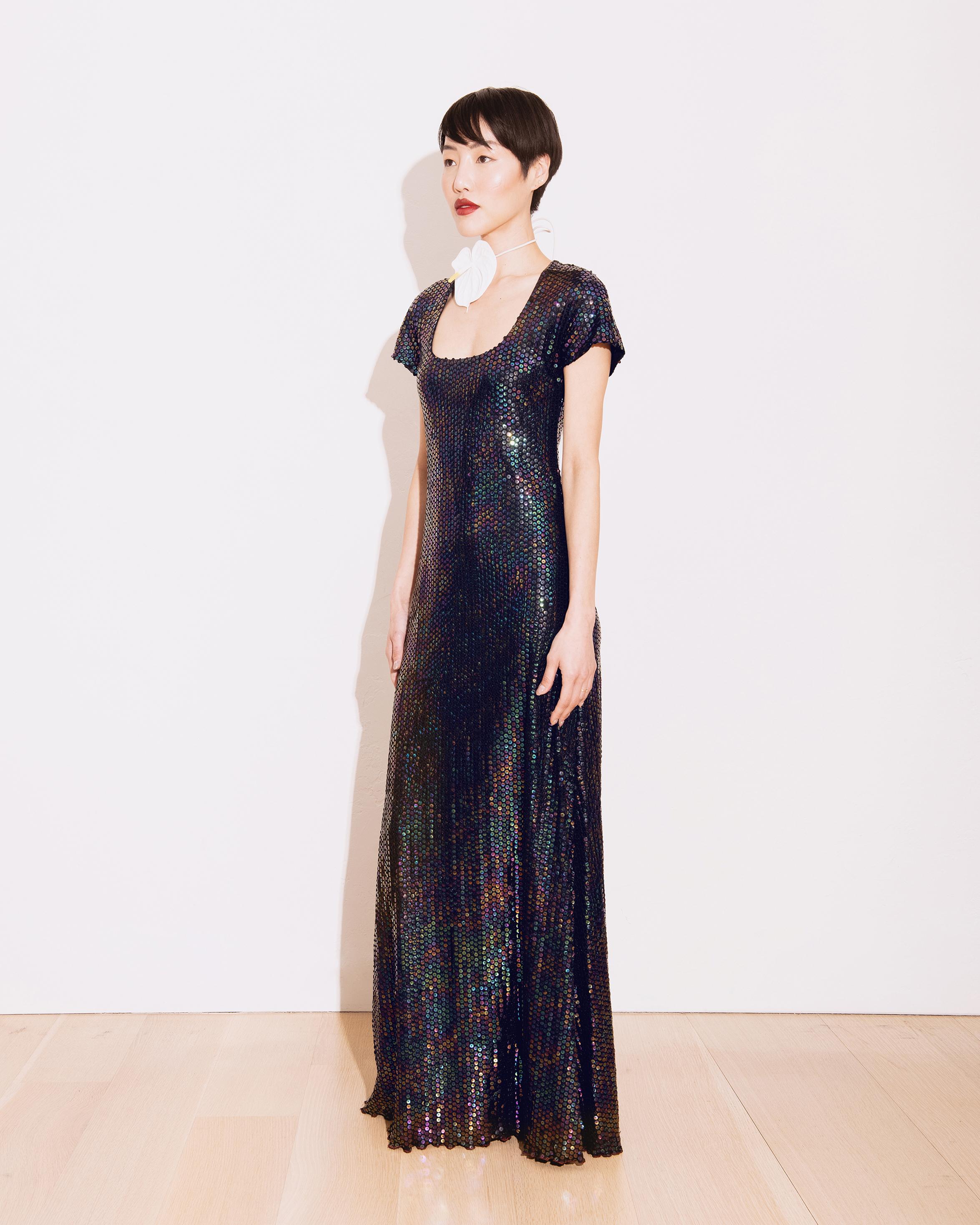 1970's Stephen Burrows Deep Navy Jersey Knit Iridescent Sequin Gown For Sale 1