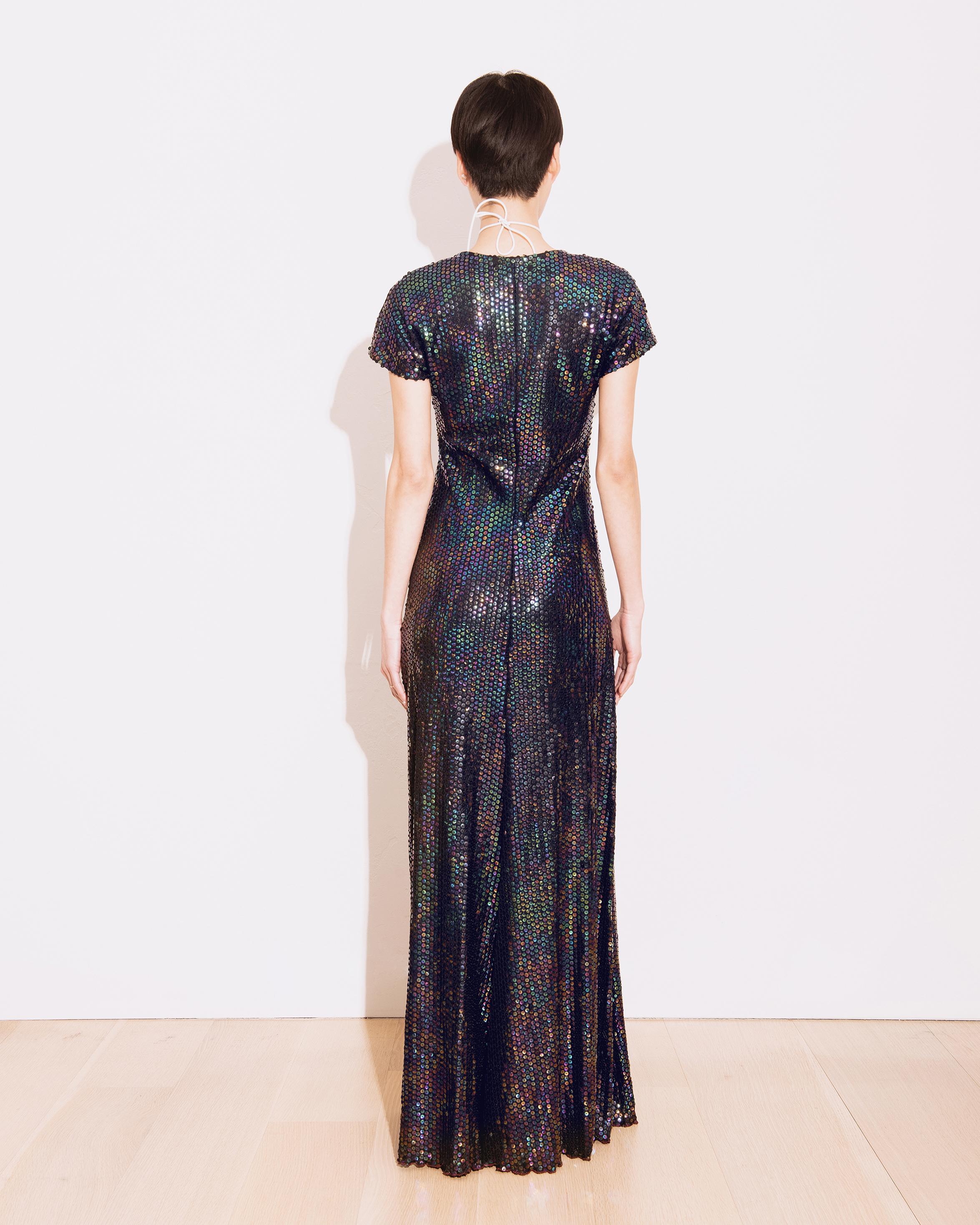 1970's Stephen Burrows Deep Navy Jersey Knit Iridescent Sequin Gown For Sale 3