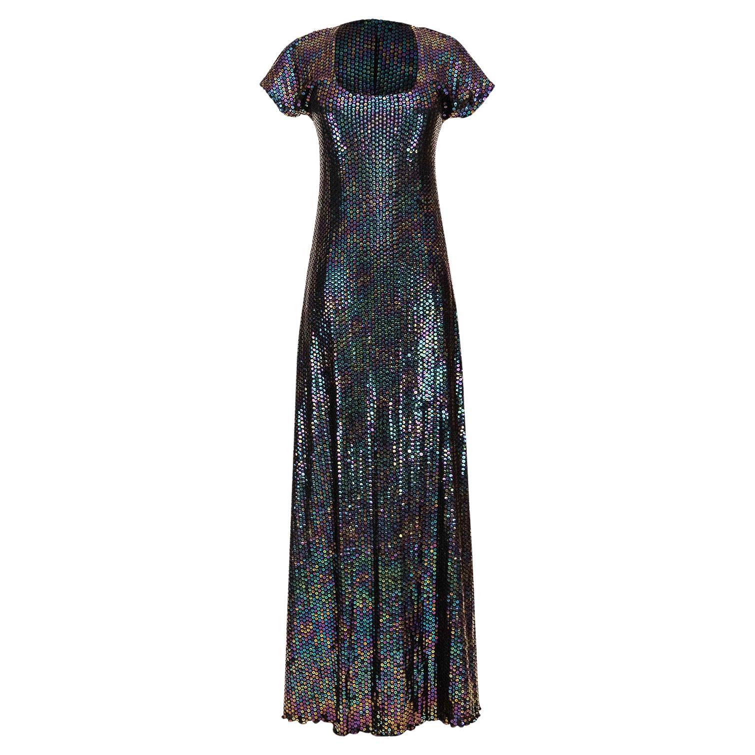 1970's Stephen Burrows Deep Navy Jersey Knit Iridescent Sequin Gown For Sale