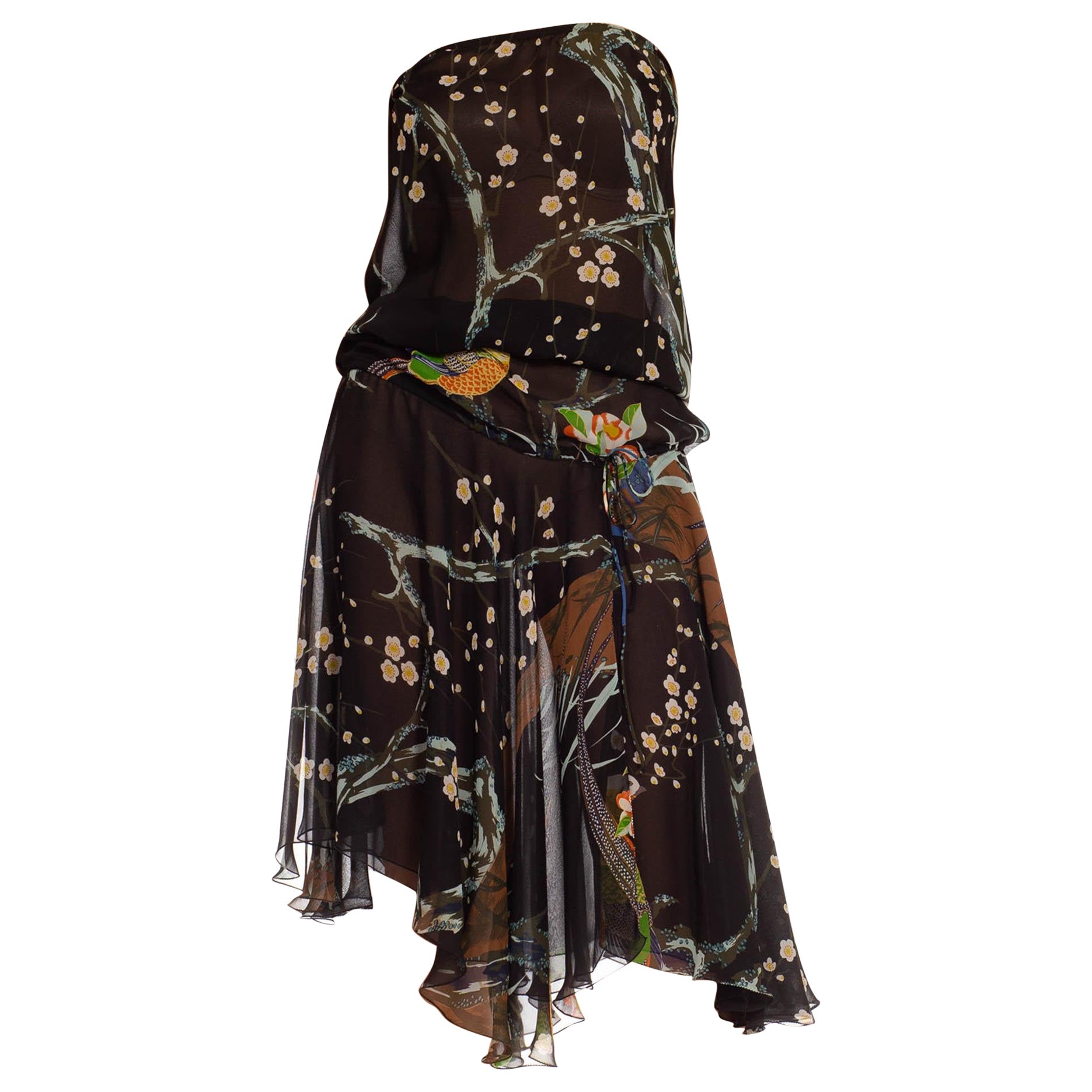 1970er STEPHEN BURROWS HENRI BENDEL Schwarze Polyester Chiffon Kirschblüte & Bir im Angebot