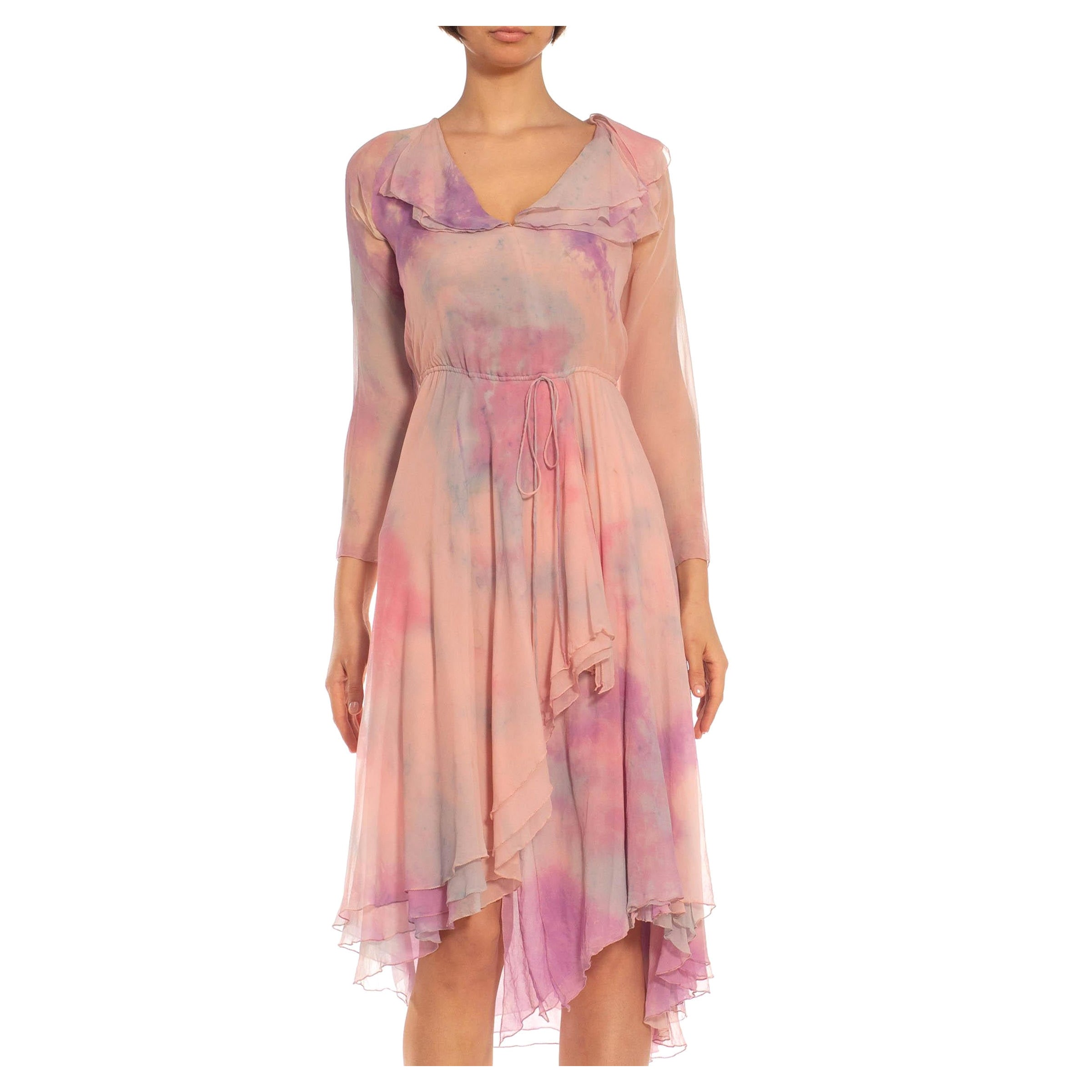 Abito in chiffon di seta tinto in rosa STEPHEN BURROWS degli anni '70