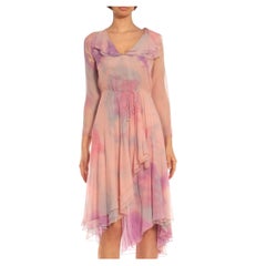 Abito in chiffon di seta tinto in rosa STEPHEN BURROWS degli anni '70