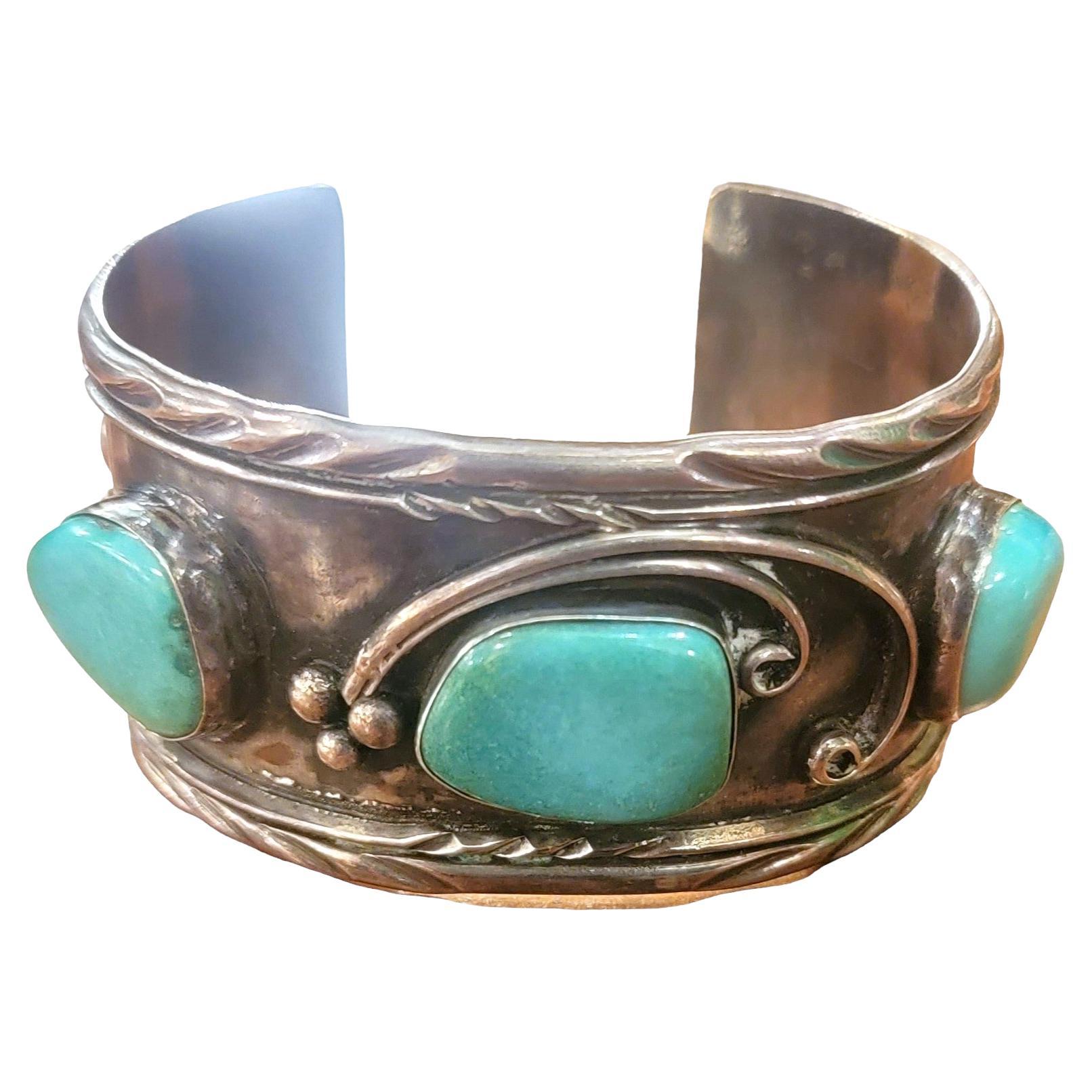 1970s Sterling 3 Turquoise Stone Bracelet For Sale