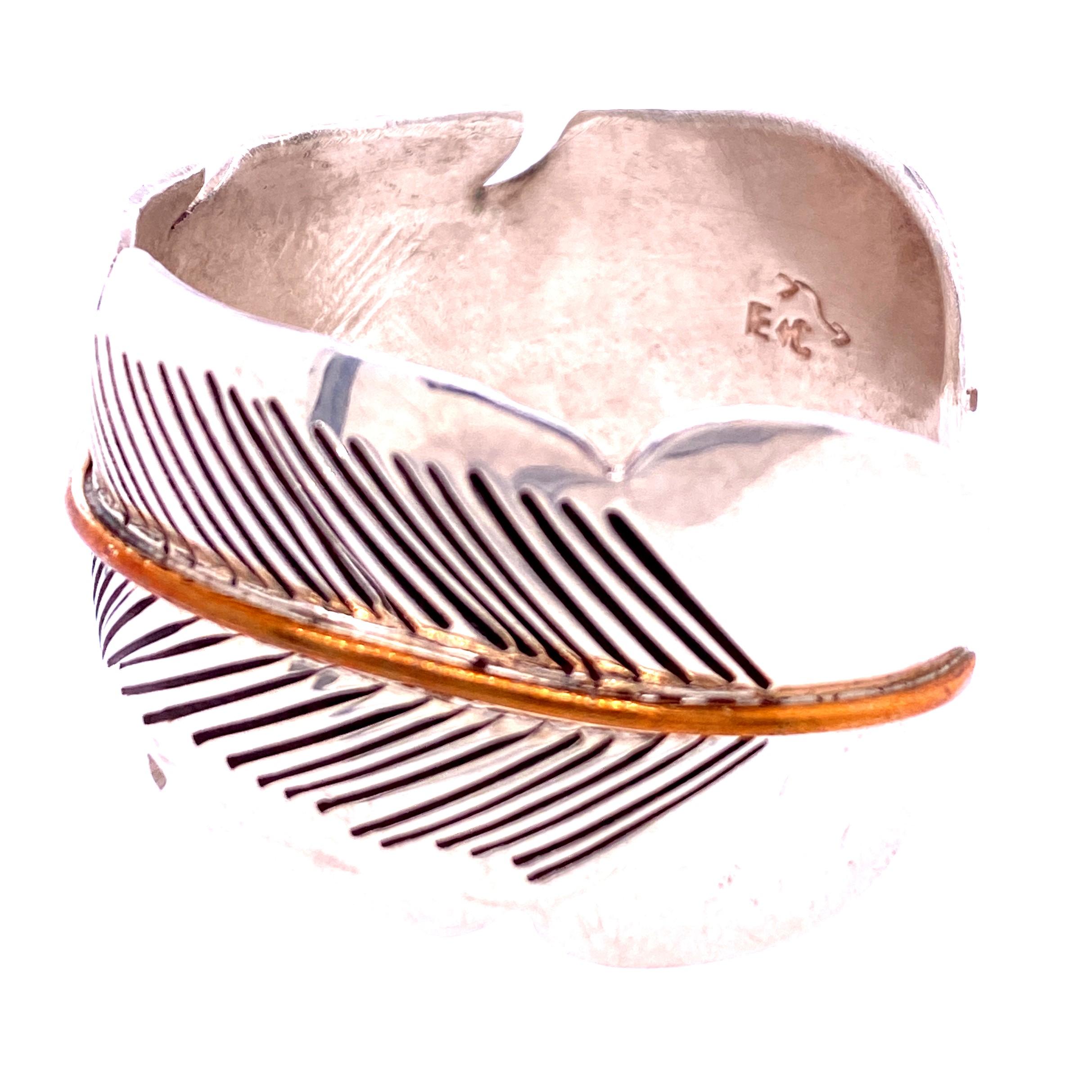 Contemporary 1970s Sterling Silver and Copper Feather Cuff Bracelet
