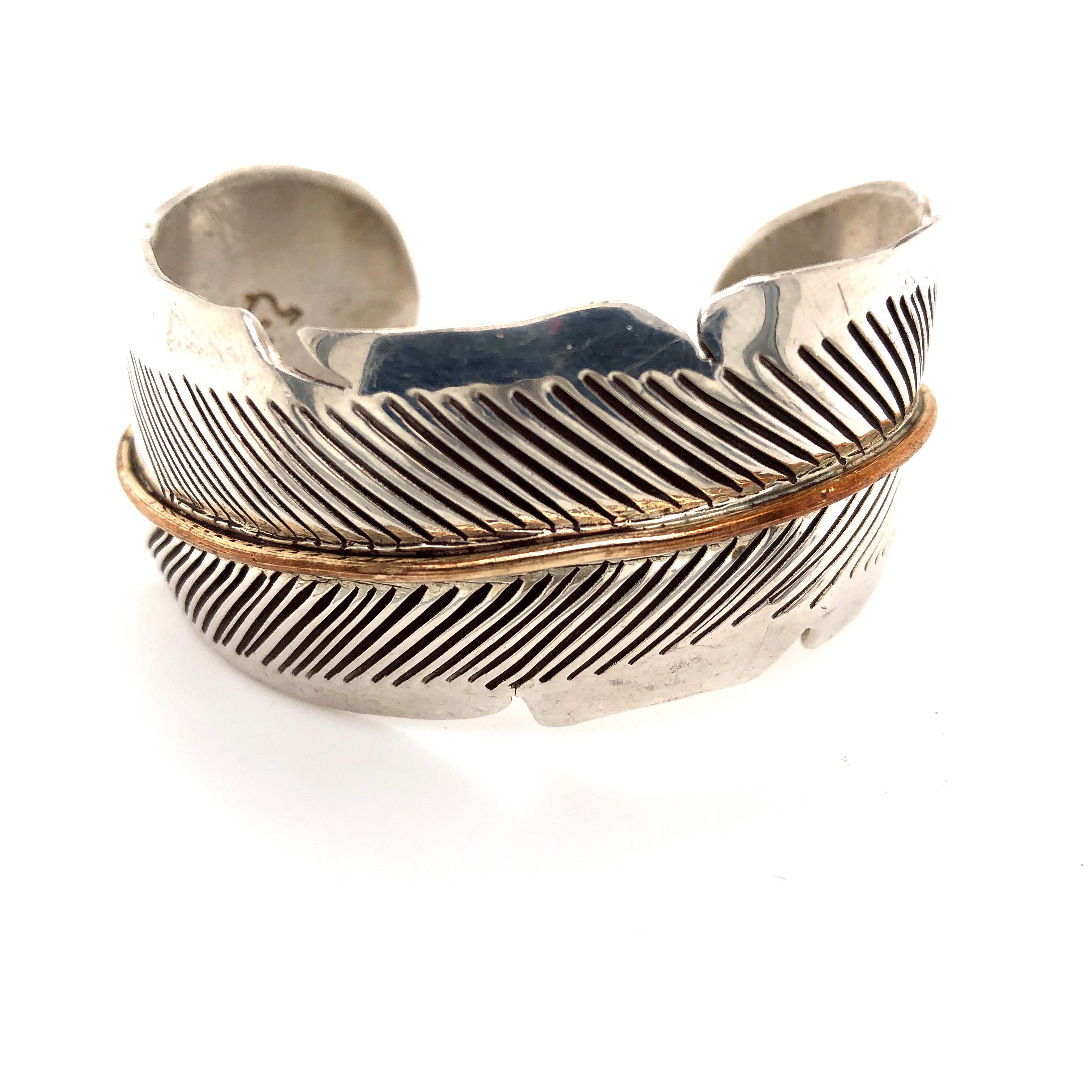 1970s Sterling Silver and Copper Feather Cuff Bracelet In Good Condition In Towson, MD