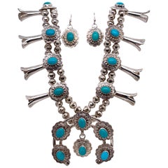 1970s Sterling Silver and Turquoise Squash Blossom and Earring Set