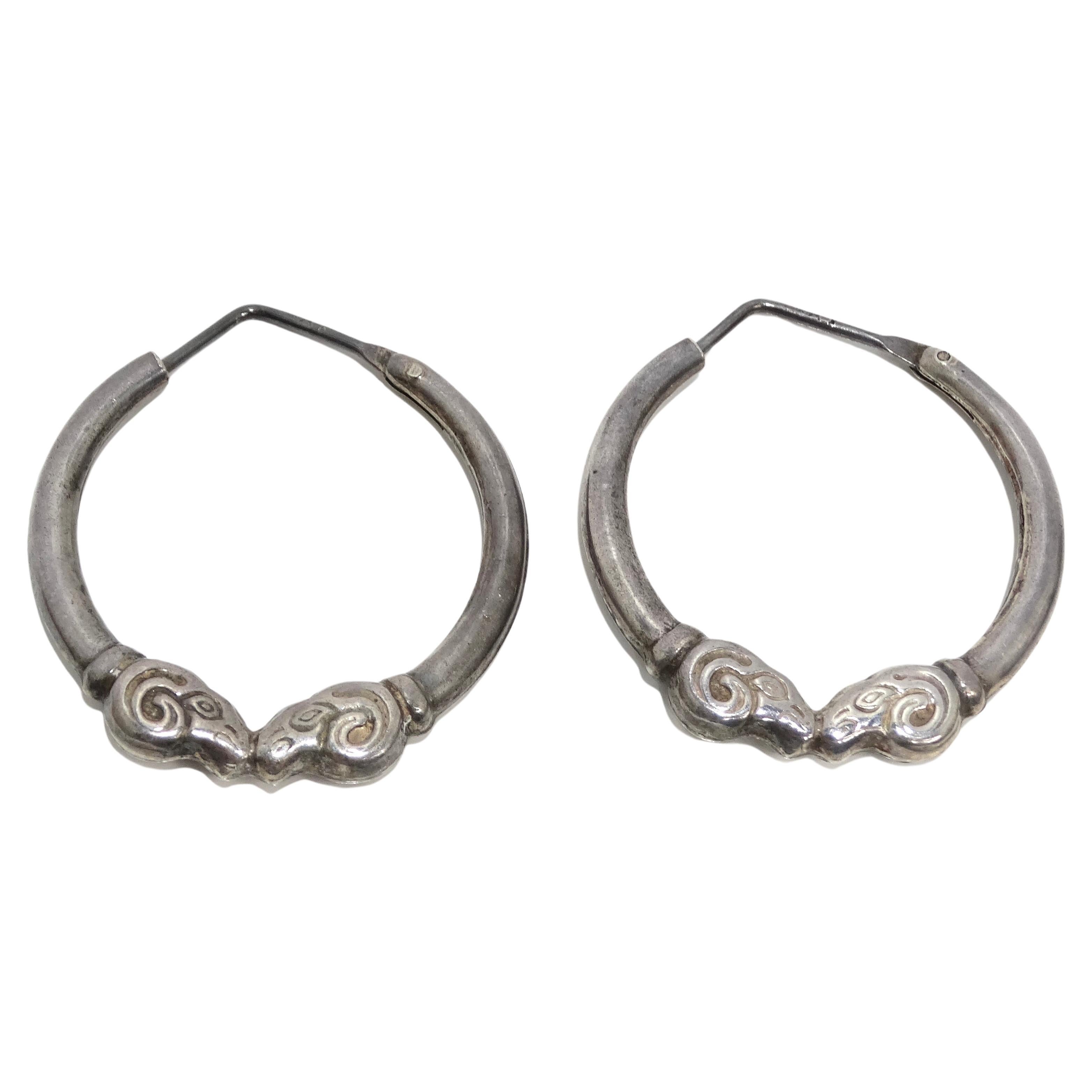1970s Sterling Silver Double Ram Hoop Earrings For Sale