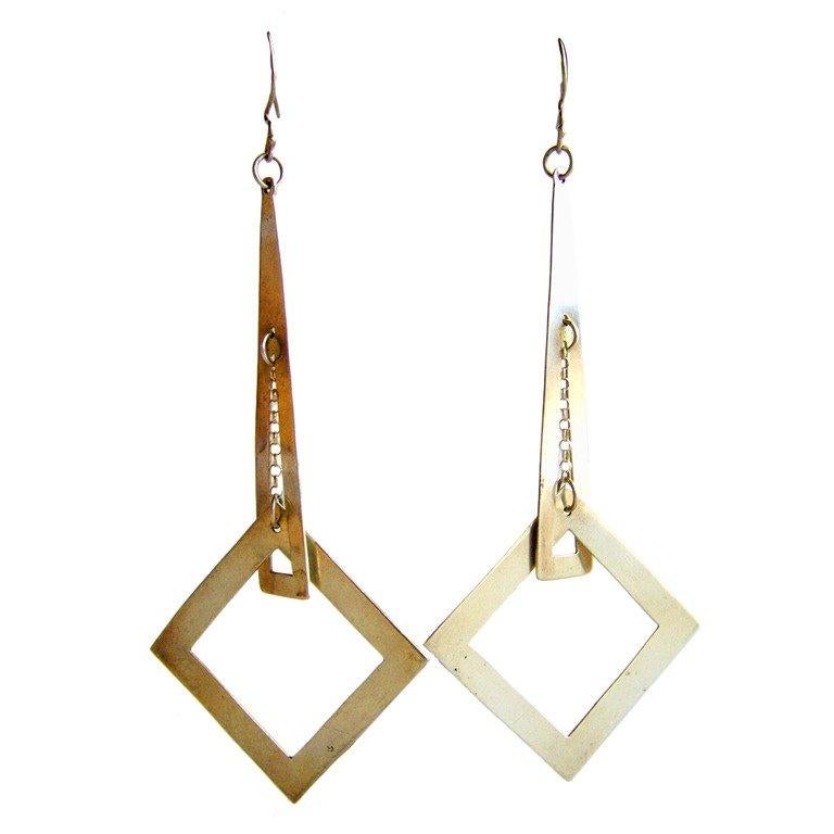 Modernist 1970s Sterling Silver Geometric Modern Long Kinetic Dangling Earrings
