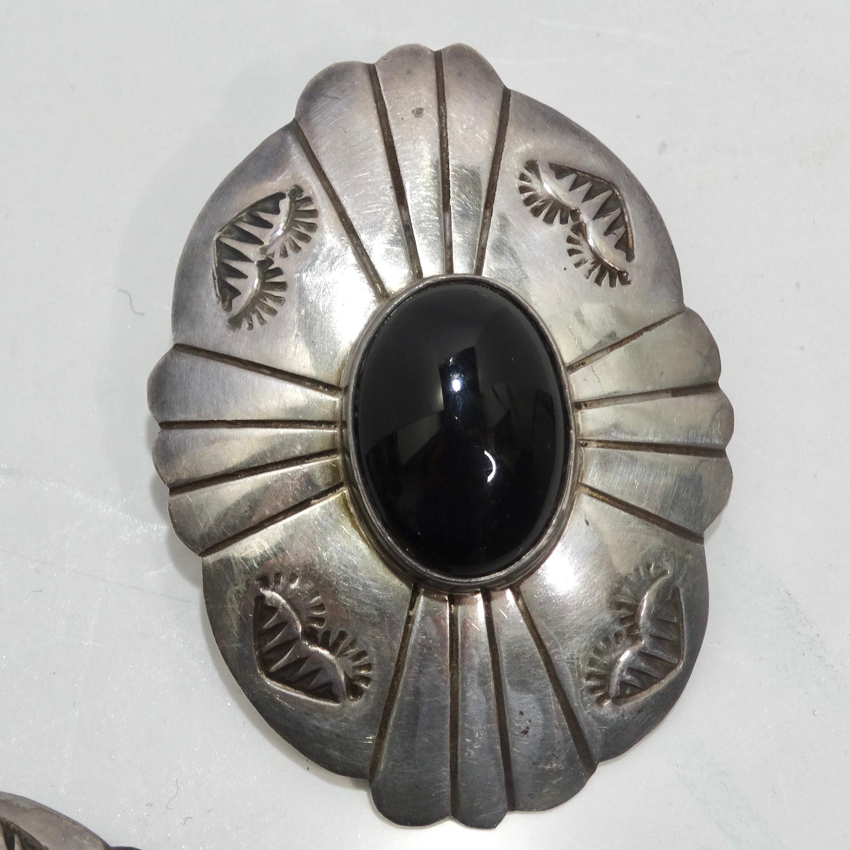 Round Cut 1970s Sterling Silver Onyx Statement Earrings For Sale