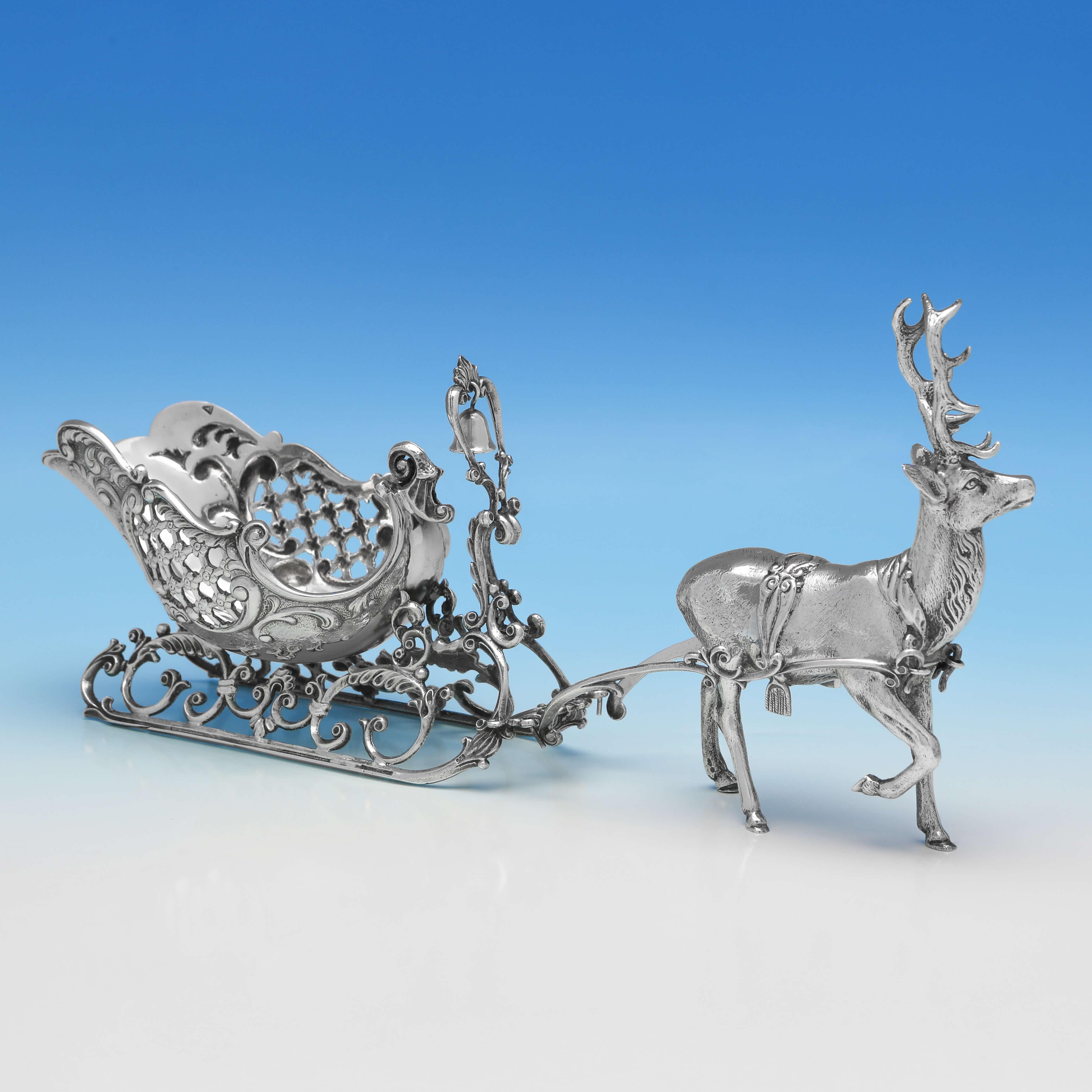 Carrying import marks for London in 1973 by International Bullion & Metal Brokers, this delightful Sterling Silver Model of a Reindeer & Sleigh, is realistically made. The model measures 5